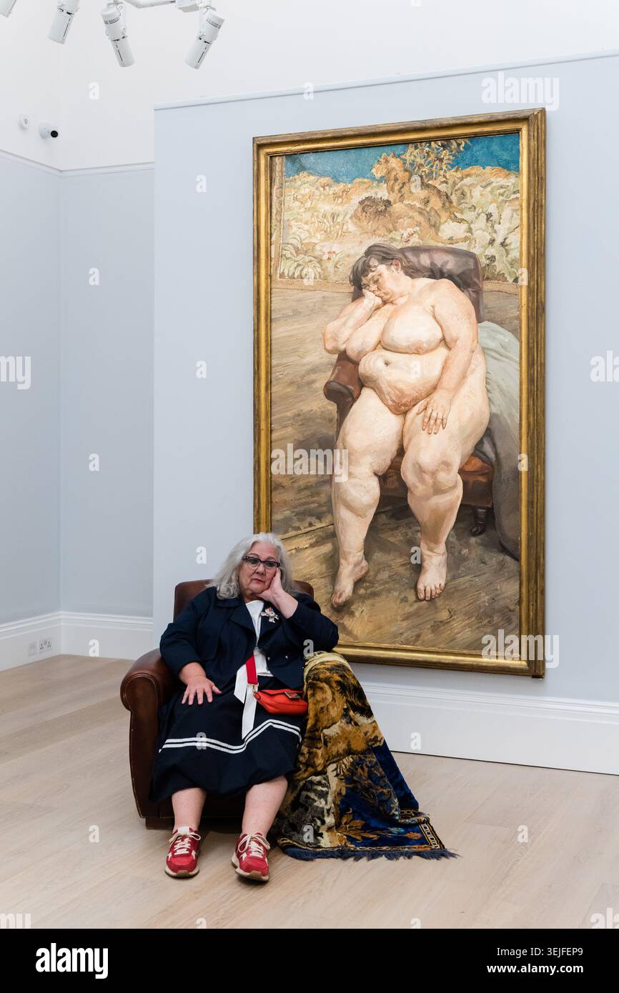 Londres, Royaume-Uni. 29 mai 2026. LONDRES, ROYAUME-UNI - 29 MAI 2026 : la maison de vente aux enchères Sotheby's dévoile le chef-d'œuvre de Lucian Freud intitulé "Sleeping by the Lion Carpet", (25-35 millions de livres sterling) avec la célèbre sitter du tableau Sue Tilley à Londres, Royaume-Uni le 29 mai 2026. Acclamé par la critique comme « l'œuvre la plus importante jamais peinte par Freud », le tableau est l'œuvre finale et la plus ambitieuse du célèbre quatuor de portraits monumentaux de Tilley. (Photo de Wiktor Szymanowicz/NurPhoto) crédit : NurPhoto SRL/Alamy Live News Banque D'Images