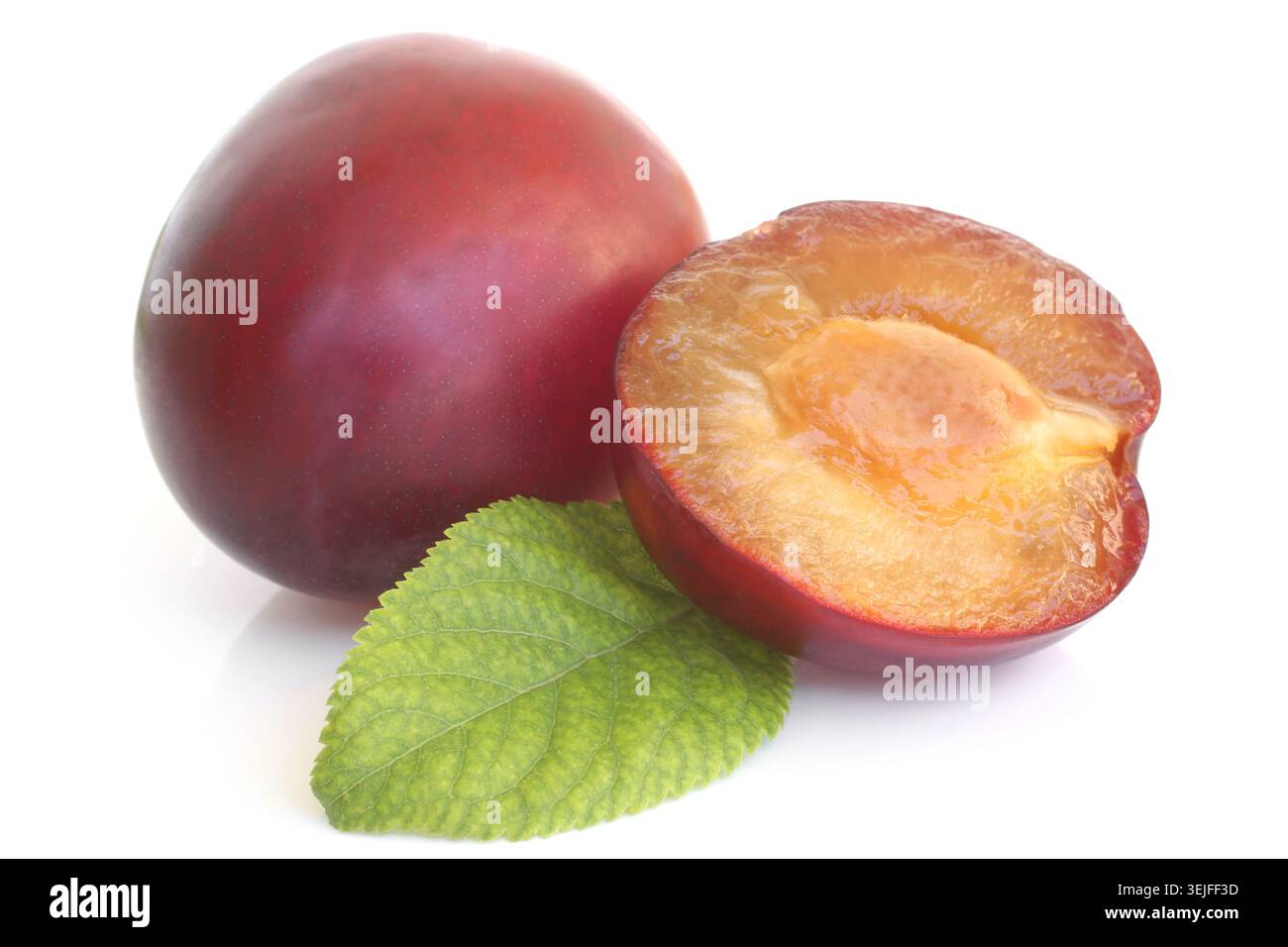 Prunes avec feuille verte sur fond blanc Banque D'Images