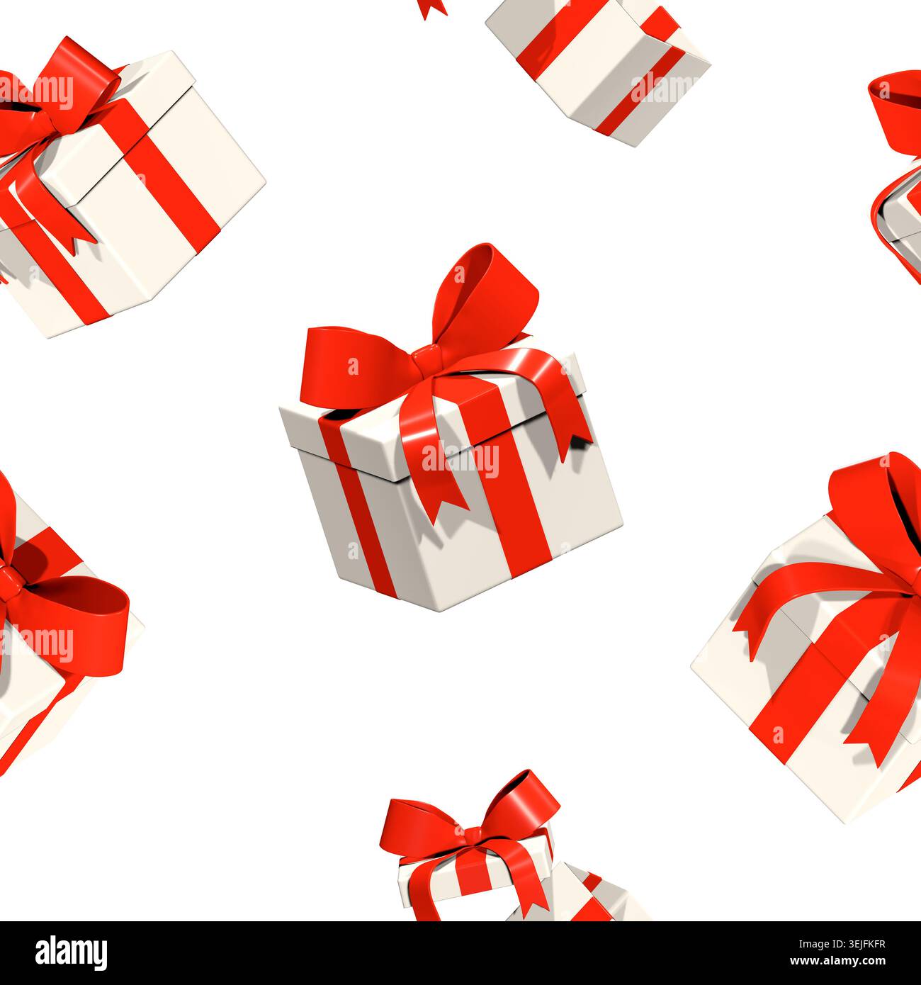 Motif de grille sans couture de boîtes-cadeaux 3D blanches avec des rubans rouges isolés sur fond blanc Banque D'Images