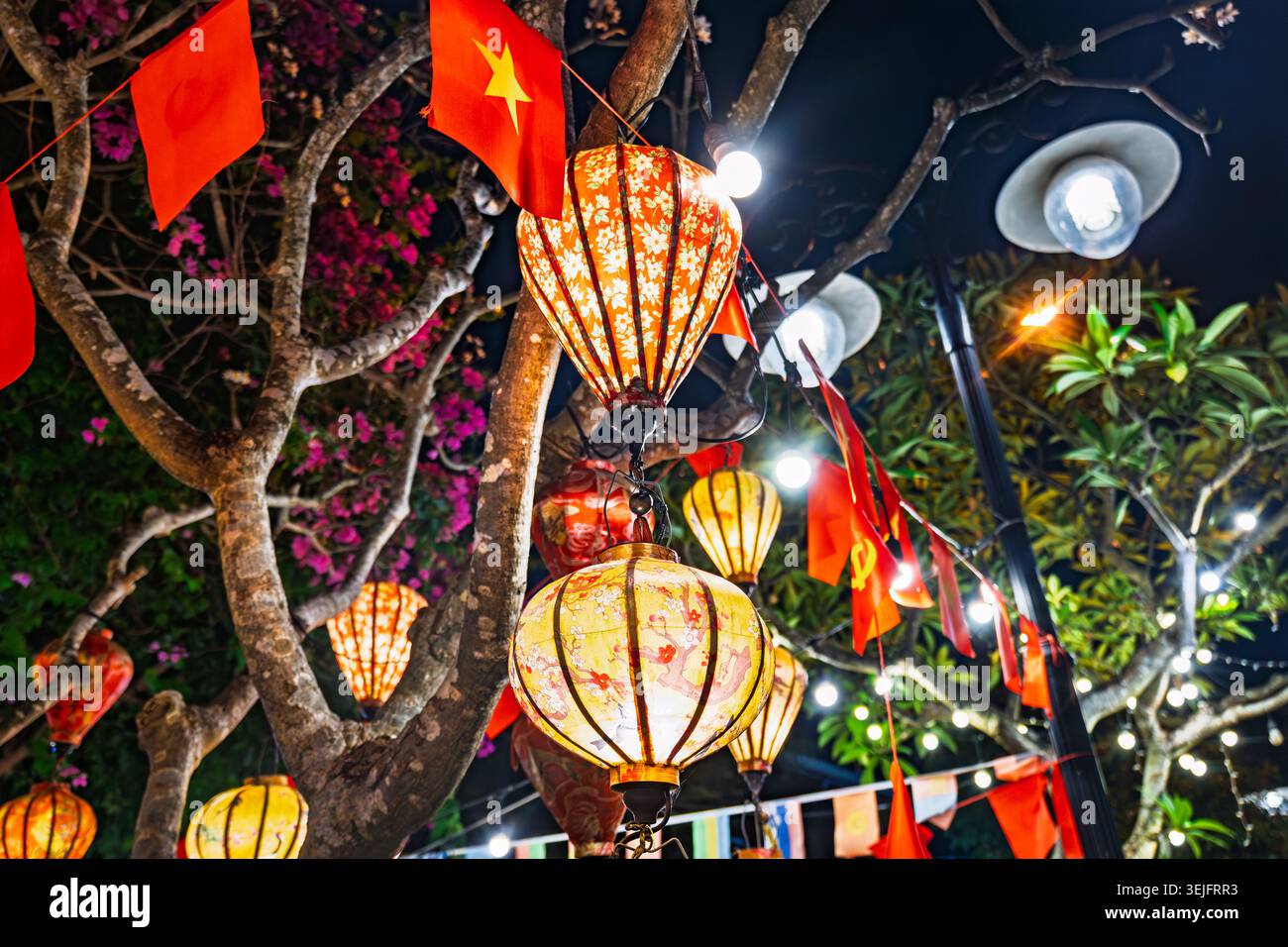 Lanternes vietnamiennes exposées dans la rue de Hoi an, Vietnam. Lanternes colorées la nuit à Hoi an, ville portuaire classée au patrimoine mondial de l'UNESCO. Banque D'Images