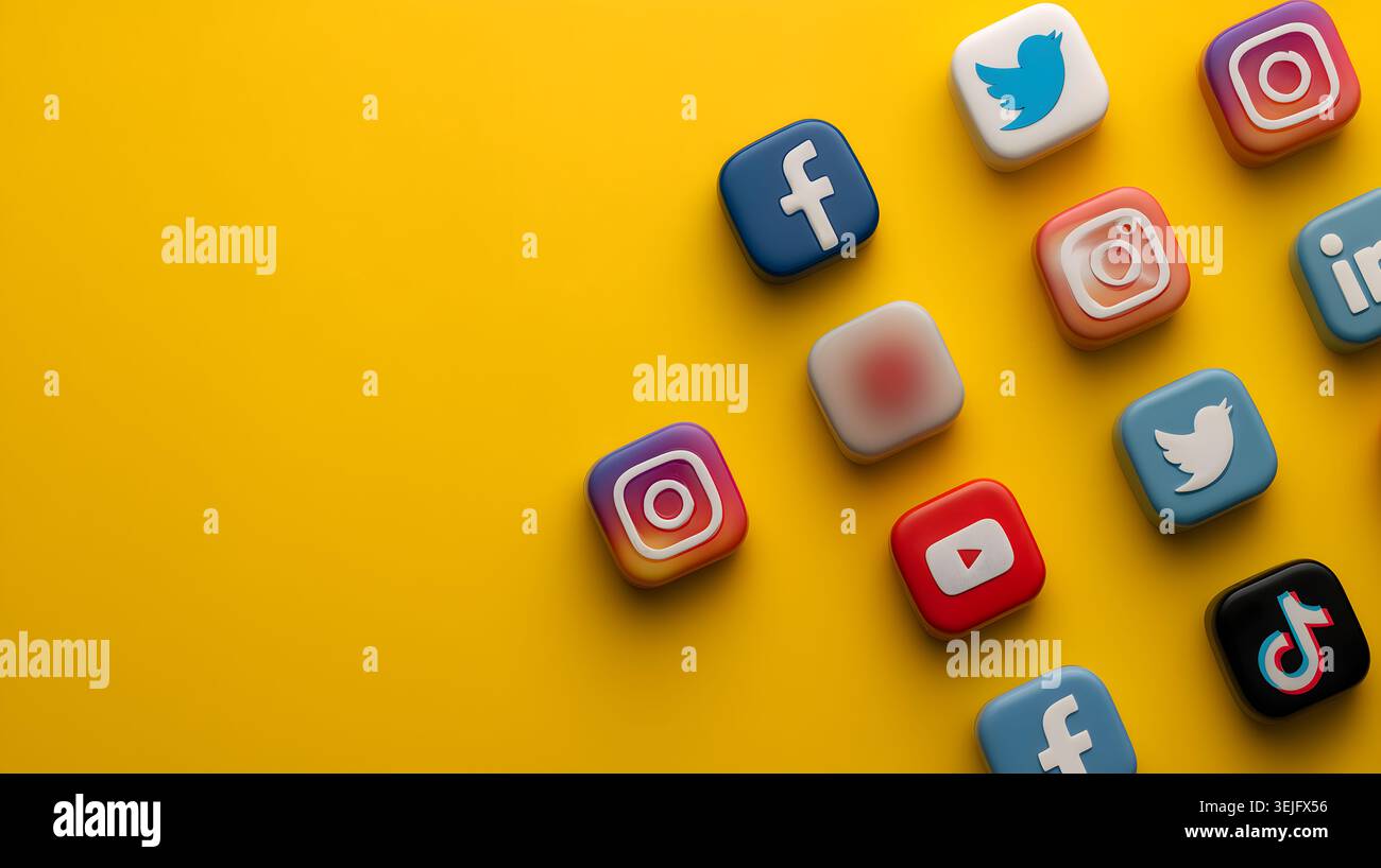 Diverses icônes de médias sociaux 3D disposées en diagonale sur un fond jaune vif Banque D'Images
