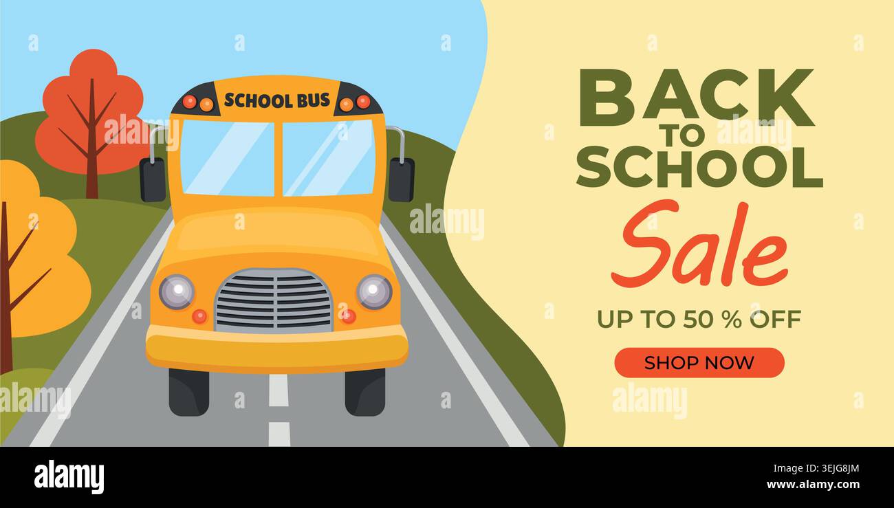 Modèle d'affiche de vente de retour à l'école avec illustration de bus scolaire, adapté à la vente au détail Illustration de Vecteur