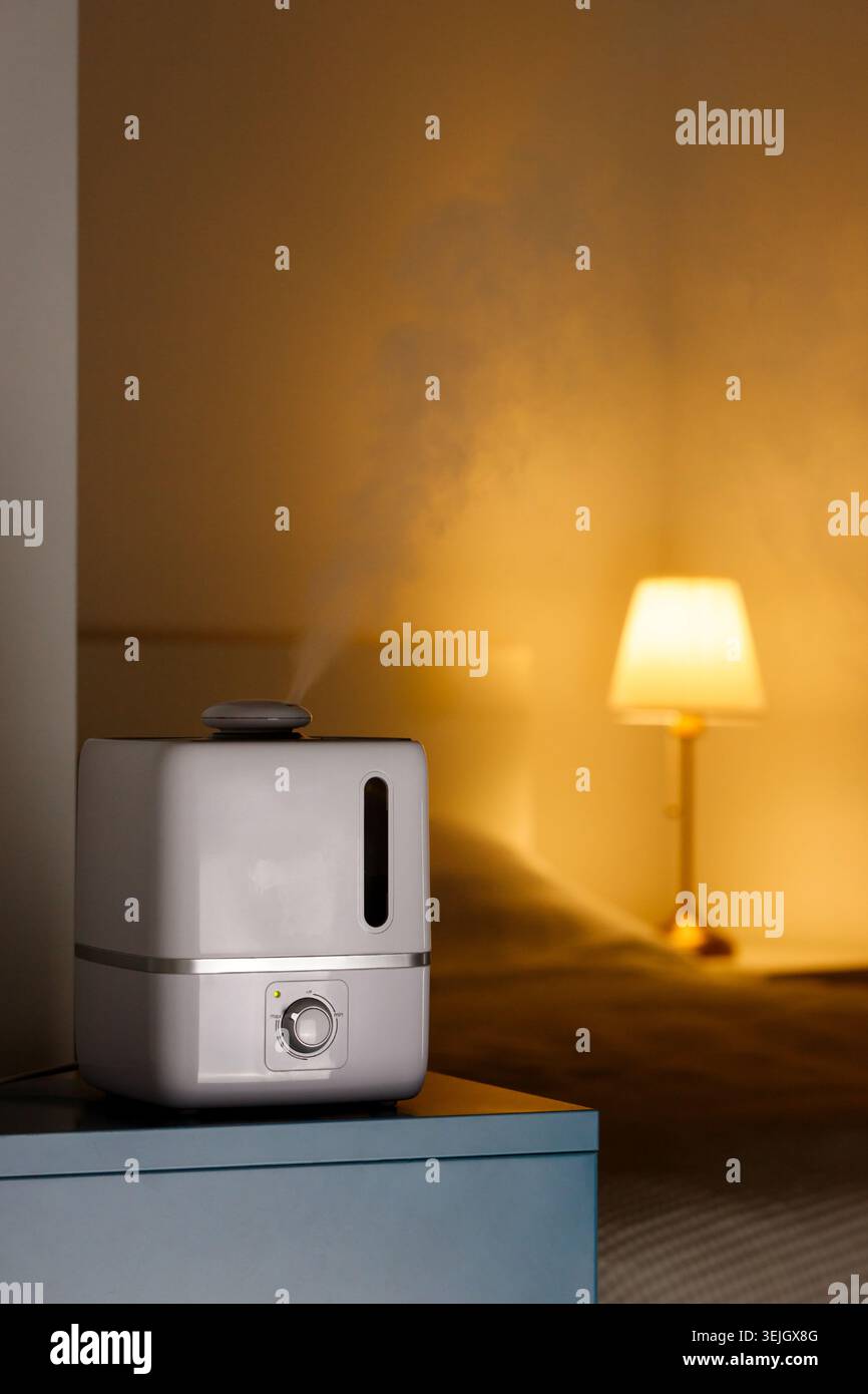 Diffuseur d'huile d'arôme sur la table, vapeur de l'humidificateur Banque D'Images
