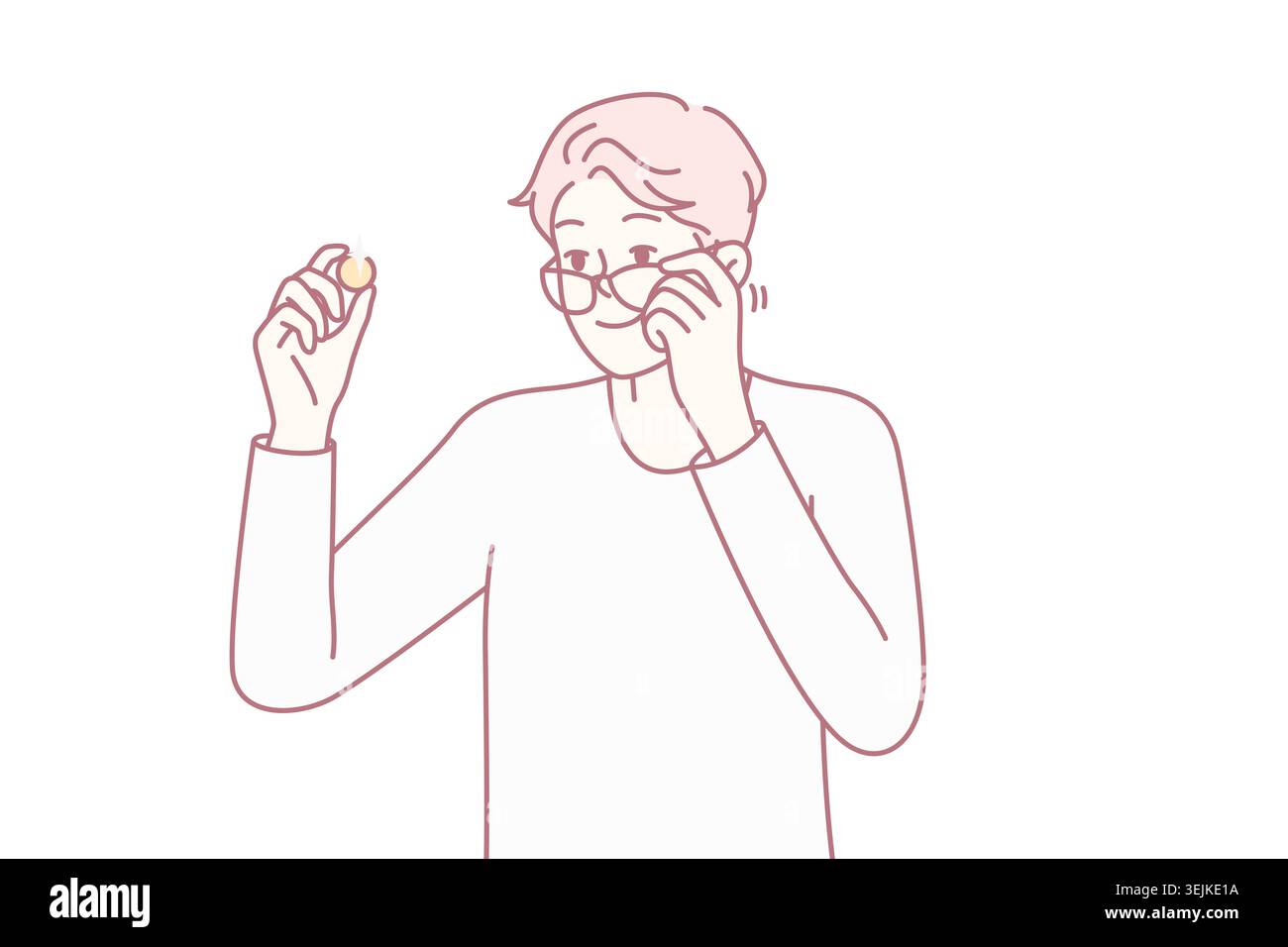 L'homme positif examine la pièce d'or et abaisse les verres des yeux pour voir l'exposition rare. Image vectorielle Banque D'Images