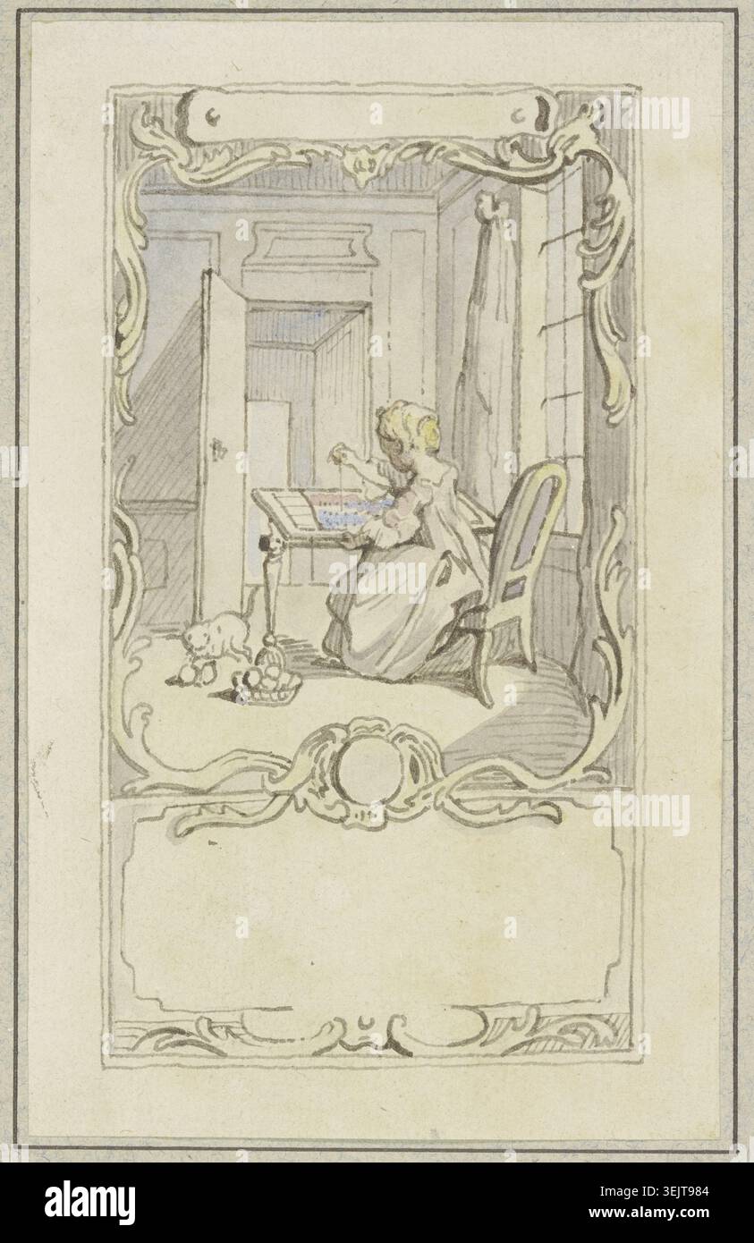 Petite fille assise à une table, XVIIIe siècle. Fille à un cadre de broderie. Un chat joue avec le fil. Espace vide laissé pour le texte. Banque D'Images