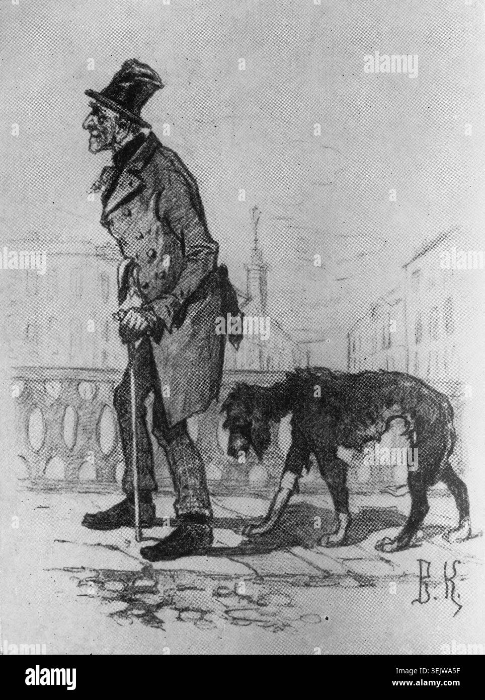 Illustration du vieil homme Smith et de son chien Banque D'Images
