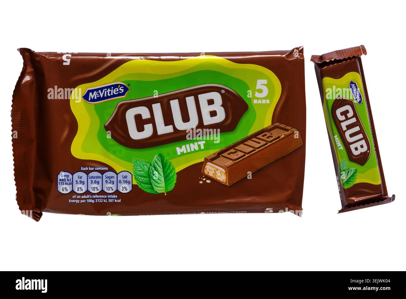 Paquet de McVitie's Club biscuits Mint avec onde enlevée isolé sur fond blanc - Mcvitie's Mcvitie Banque D'Images
