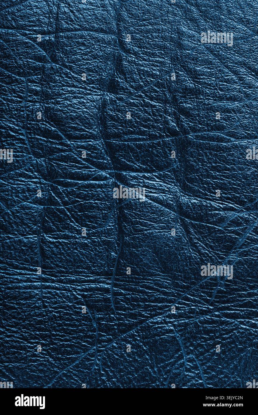 Gros plan, macro de texture détaillée de la surface en cuir bleu brillant effet métallisé avec rides, plis et grain naturel. Matériau texturé de luxe Banque D'Images