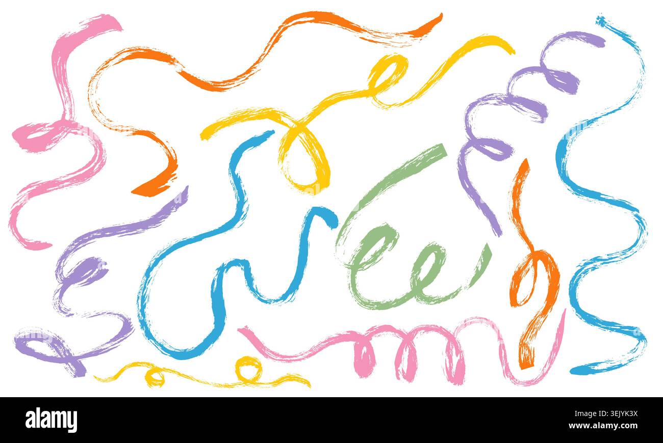 Ensemble vectoriel de lignes ondulées colorées abstraites grunge. Lignes d'ondes dynamiques. Rubans ondulés courbes de contour de pinceau. Collection Rough Squiggle Swirls Illustration de Vecteur