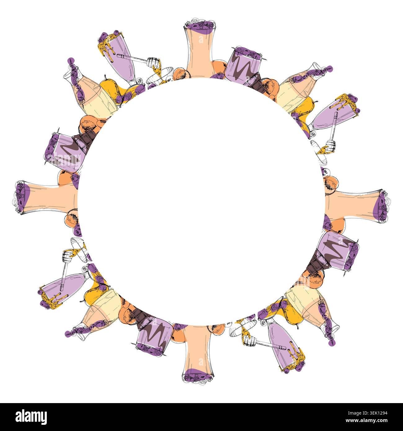 Verres à smoothie à la nectarine, à l'abricot, à la pêche, à la myrtille et au chocolat. Cadre de couronne ronde dessiné à la main dans le vecteur d'encre. Signalisation de table de brunch, traiteur Illustration de Vecteur