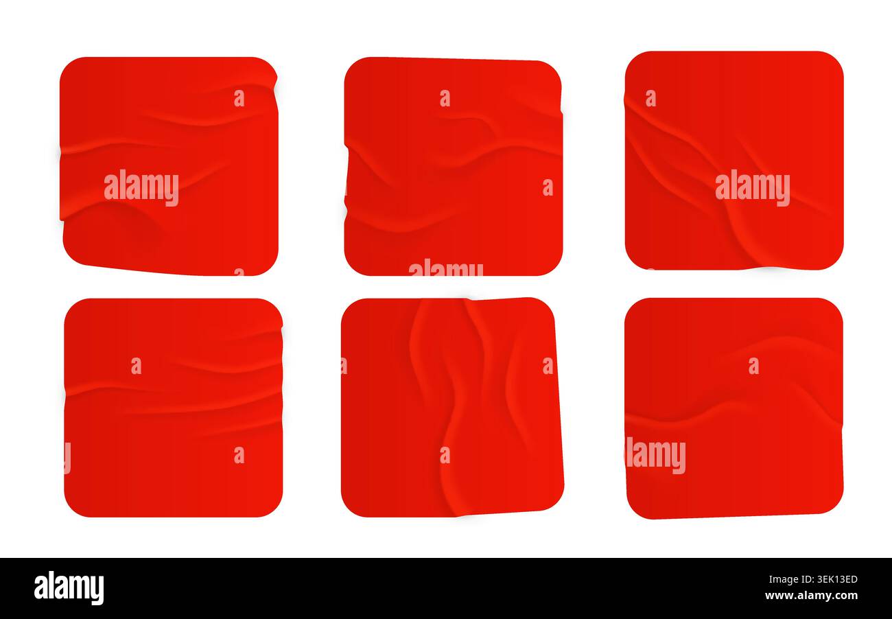 Jeu d'autocollants carrés rouges froissés ou d'étiquettes en papier. Texture pour maquettes et design. Illustration vectorielle Illustration de Vecteur