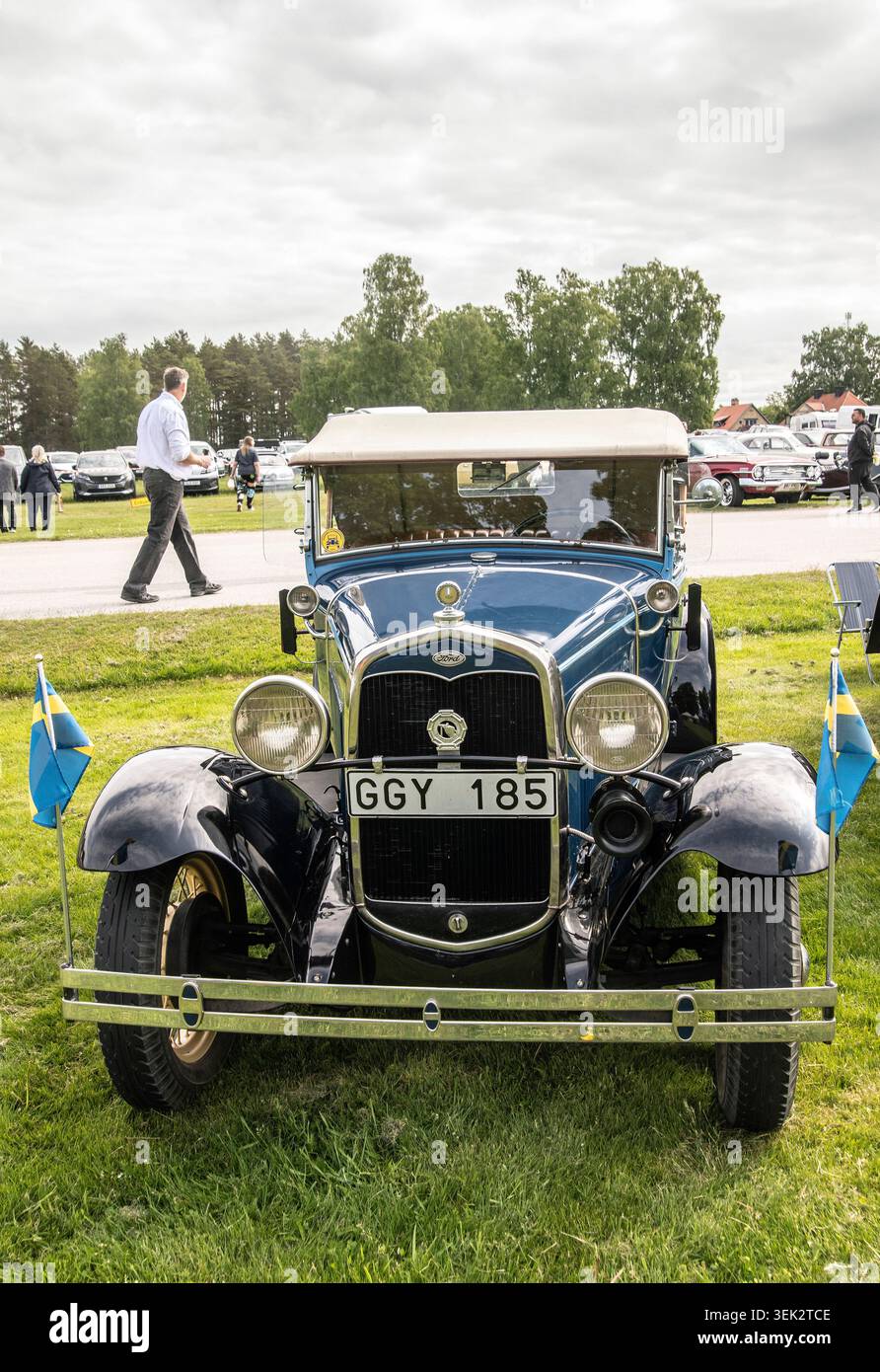 Vue de face d'une Ford modèle A vintage classique exposée lors d'un salon automobile en plein air à malmkoping en suède. Banque D'Images