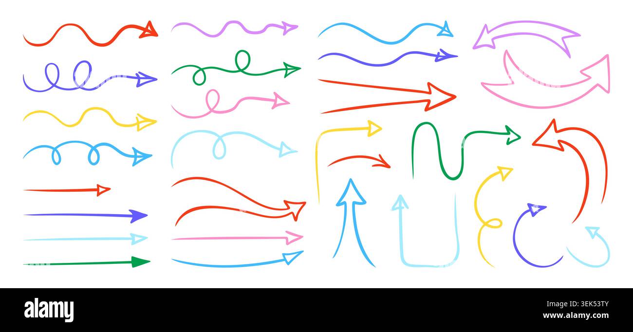Icône de flèche dessinée à la main définie. Doodle esquisse courbée, tourbillonnante, en boucle des signes directionnels droits ligne mince collection de flèches. Dessiner des signes de gribouillage pour infographie, conception vectorielle à main levée Illustration de Vecteur