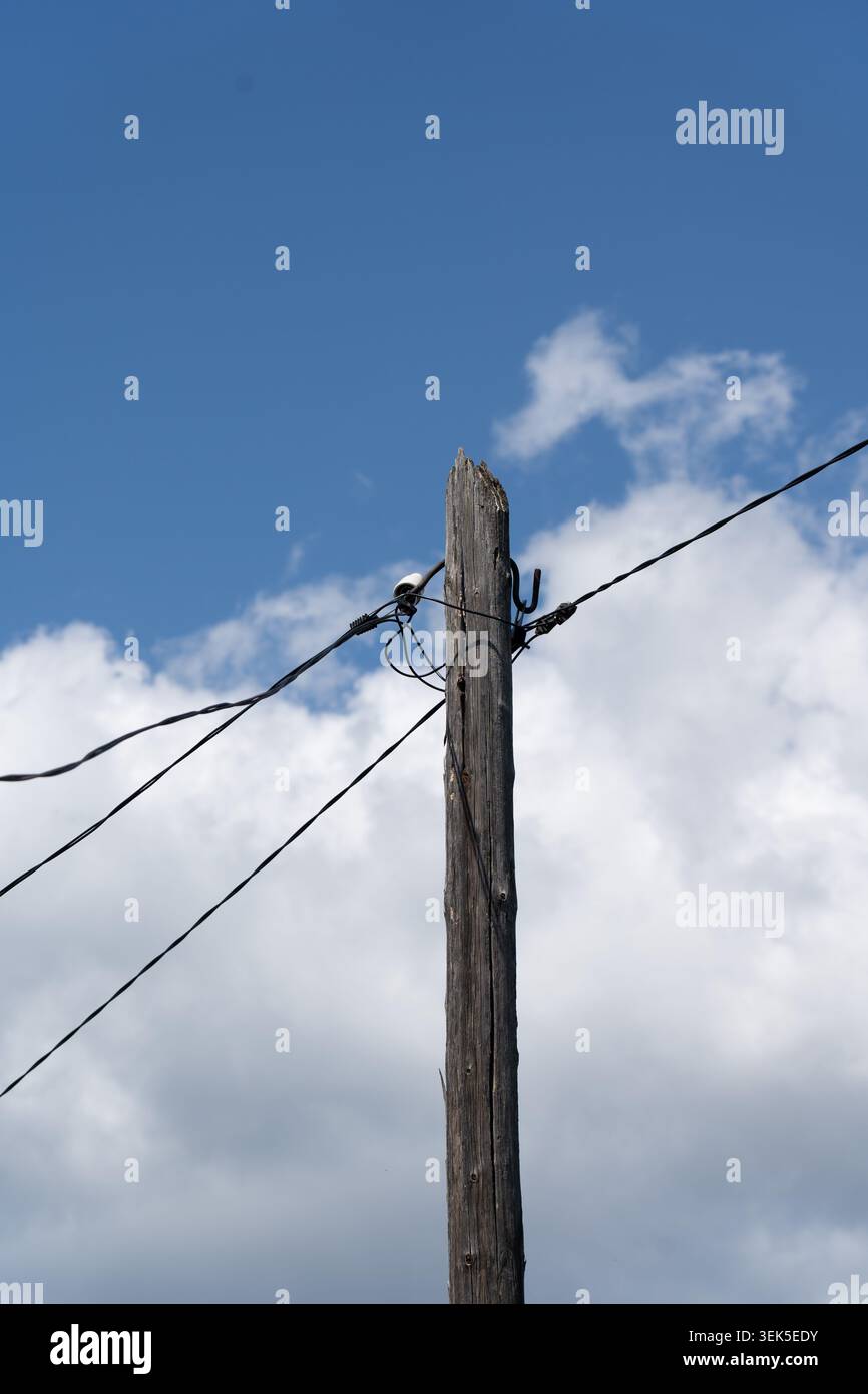 Un grand poteau utilitaire en bois contre un ciel lumineux avec des nuages et des fils fluides dans une vue dégagée, symbolisant la connectivité et l'infrastructure Banque D'Images