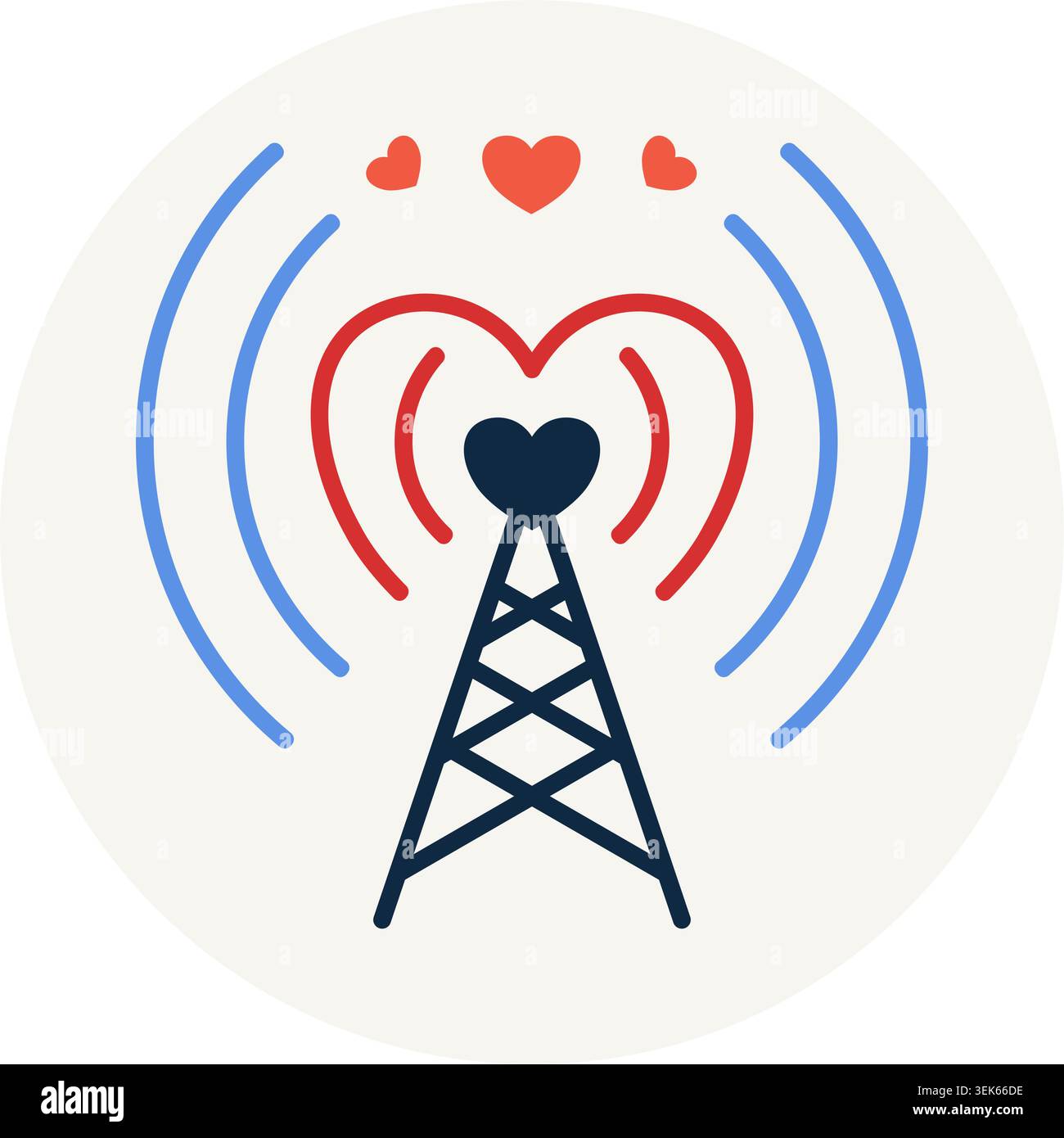 Tour d'antenne de radiodiffusion émettant des ondes radio en forme de coeur symbole de communication d'amour, de connexion globale et de télémétrie sans fil. Illustration de Vecteur