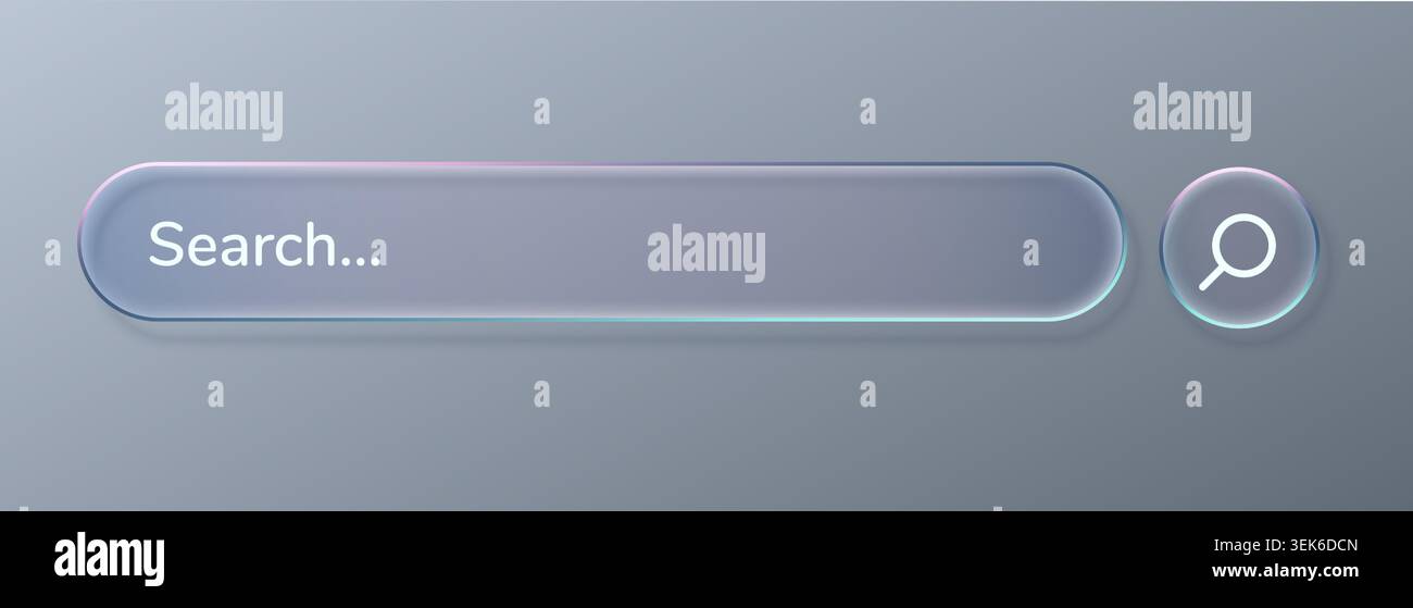 Zone de bouton de recherche pour l'application Glass Bar et le morphisme 3D du texte. interface utilisateur tech écran pour la recherche de liquide d'effet et l'ux d'icône brillante. Rechercher une forme infographique pour Illustration de Vecteur