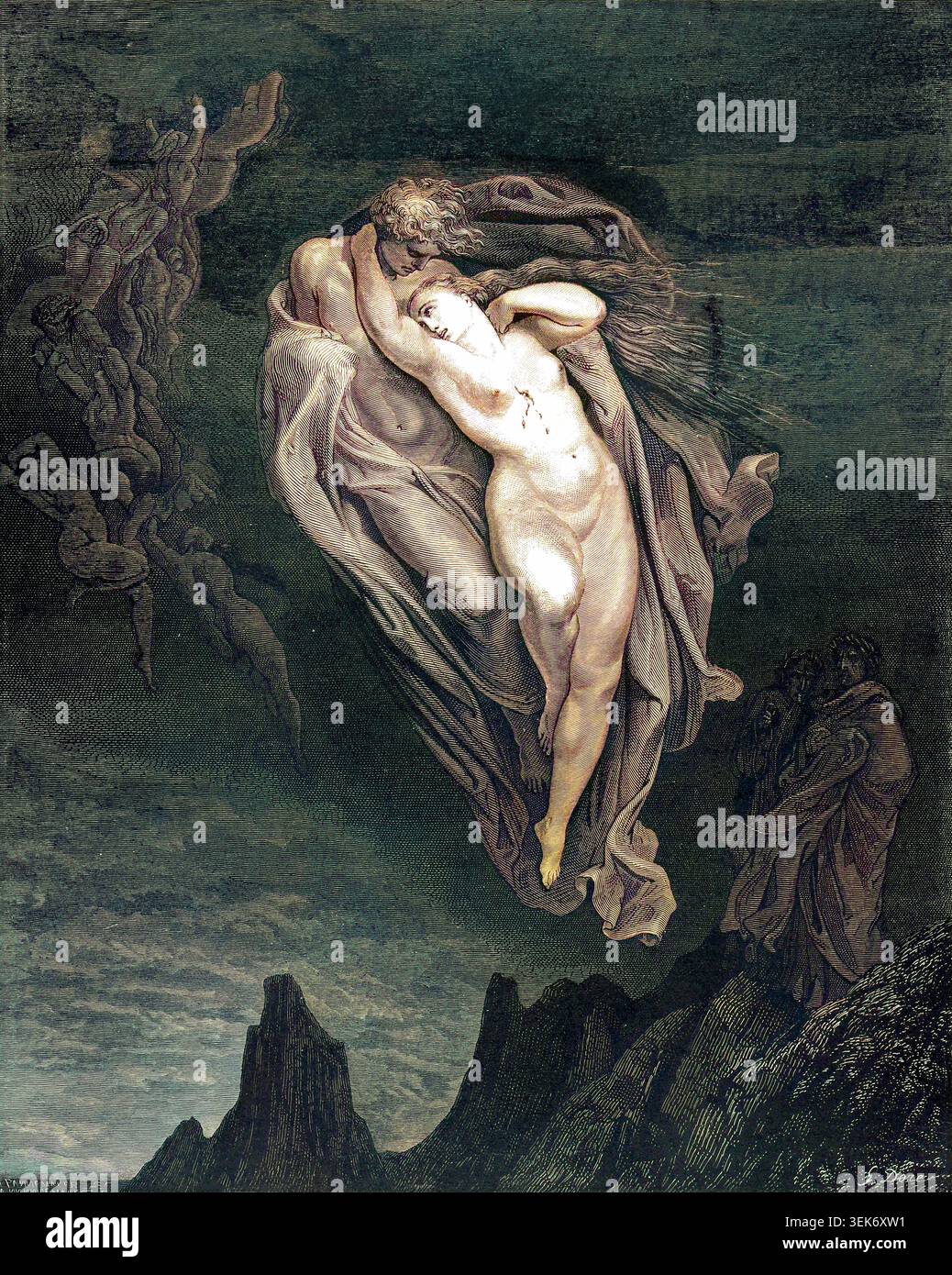 Les âmes de Paolo et Francesca sont vues embrassées, portées par un tourbillon à travers l'enfer, tandis que Dante et Virgile observent les amoureux tragiques dans une illustration classique représentant la luxure et l'amour éternel. La Divine Comédie du poète italien du XIVe siècle Dante Alighieri. Œuvre de 1860, de l'artiste français Gustave Dore et gravée par Stéphane Pannemaker de 'la vision de l'enfer' (1868), traduction anglaise de Cary de l'Inferno. Dante a écrit son poème épique « Divina Commedia » (la Divine Comédie) entre 1308 et sa mort en 1321. Composé de 14 233 lignes, et divisé en trois parties (Inferno, Purgatorio, et P Banque D'Images