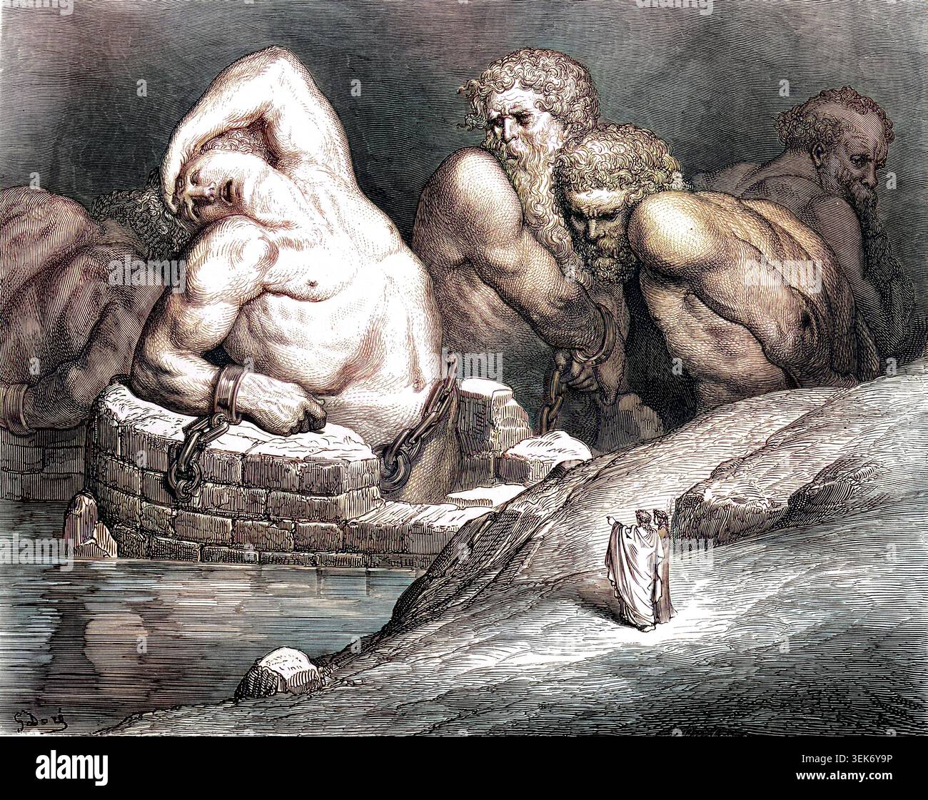 Dante et Virgile observent des géants massifs et puissants, beaucoup d'entre eux partiellement submergés dans l'eau et liés par des chaînes, représentant une scène de la région de Cocytus de l'Enfer de Dante. La Divine Comédie du poète italien du XIVe siècle Dante Alighieri. Œuvre de 1860, de l'artiste français Gustave Dore et gravée par Stéphane Pannemaker de 'la vision de l'enfer' (1868), traduction anglaise de Cary de l'Inferno. Dante a écrit son poème épique « Divina Commedia » (la Divine Comédie) entre 1308 et sa mort en 1321. Composé de 14 233 lignes, et divisé en trois parties (Inferno, Purgatorio, et para Banque D'Images