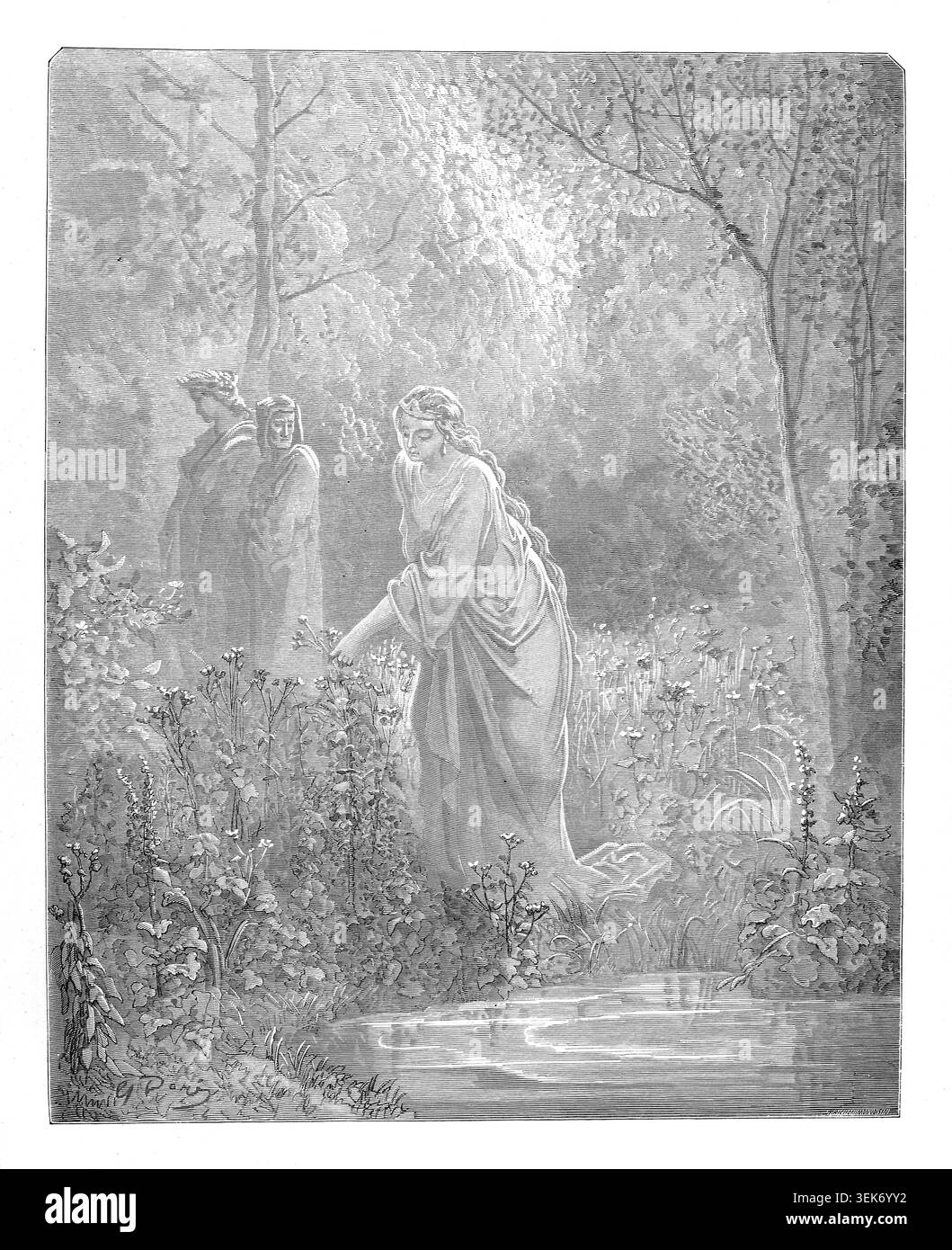 Mathilde cueille gracieusement des fleurs au bord de la rivière, avec Dante Alighieri et Virgile l'observant en arrière-plan, une scène de l'illustration classique de Gustave Dore du Purgatorio de Dante. La Divine Comédie du poète italien du XIVe siècle Dante Alighieri. Œuvre de 1860, de l'artiste français Gustave Dore et gravée par Stéphane Pannemaker de 'la vision de l'enfer' (1868), traduction anglaise de Cary de l'Inferno. Dante a écrit son poème épique « Divina Commedia » (la Divine Comédie) entre 1308 et sa mort en 1321. Composé de 14 233 lignes, et divisé en trois parties (Inferno, Purgatorio, et Parad Banque D'Images