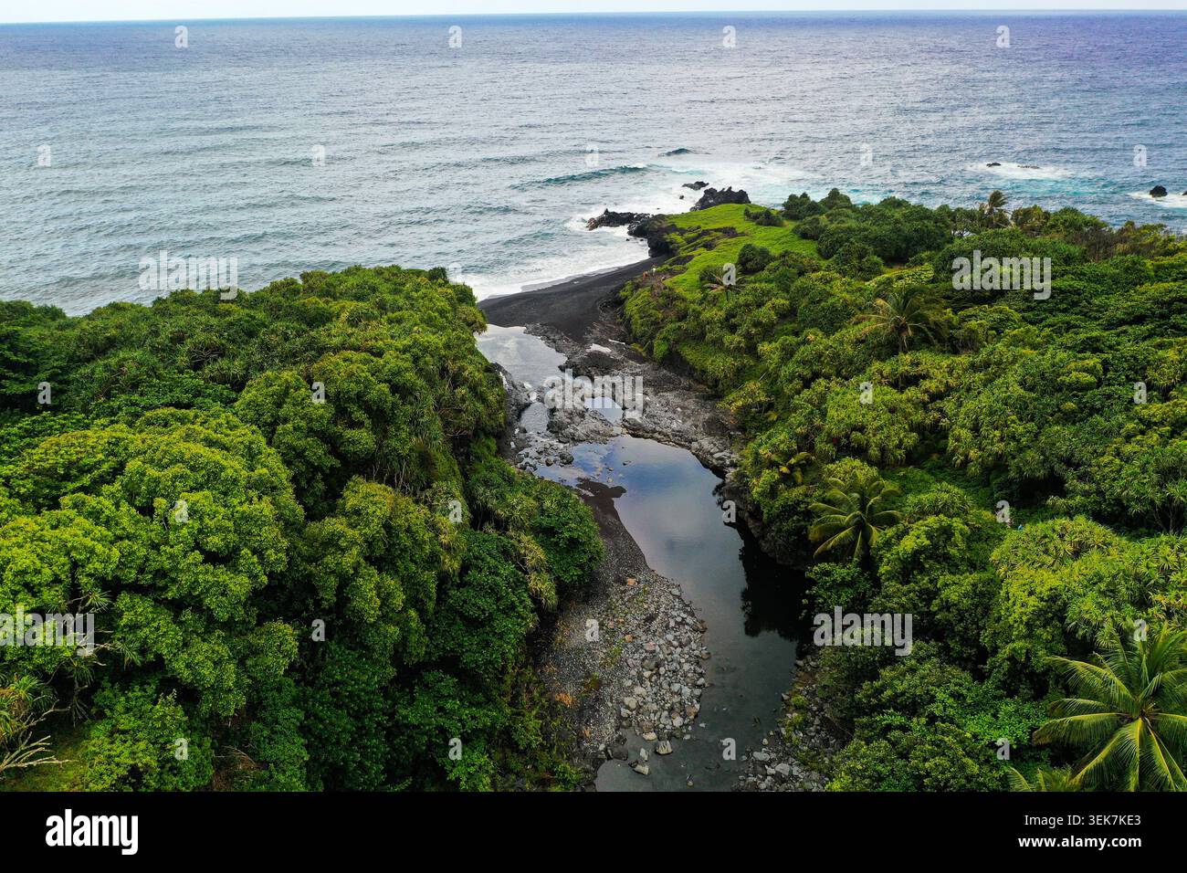 Une vue aérienne d'un paysage côtier verdoyant avec une superbe plage de sable noir, un ruisseau sinueux et une végétation tropicale vibrante à Maui, Hawa Banque D'Images