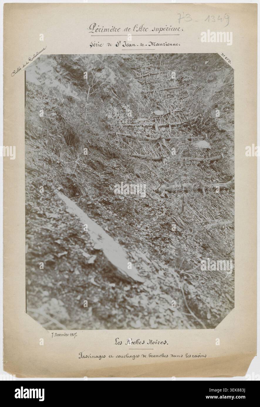 Fascines et literie de branche ont été installées dans les ravins des roches noires près de Saint-Jean-de-Maurienne en Savoie en 1907. La photographie montre les mesures de stabilisation des sols entreprises dans le cadre de travaux de restauration des terres de montagne et de contrôle de l'érosion. Banque D'Images
