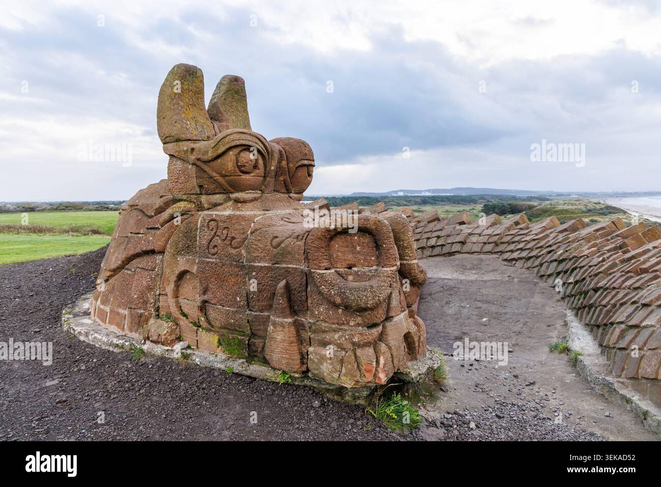 Sculpture de dragon, Dragon de pierre, dunes d'Irvine, Écosse, Royaume-Uni Banque D'Images