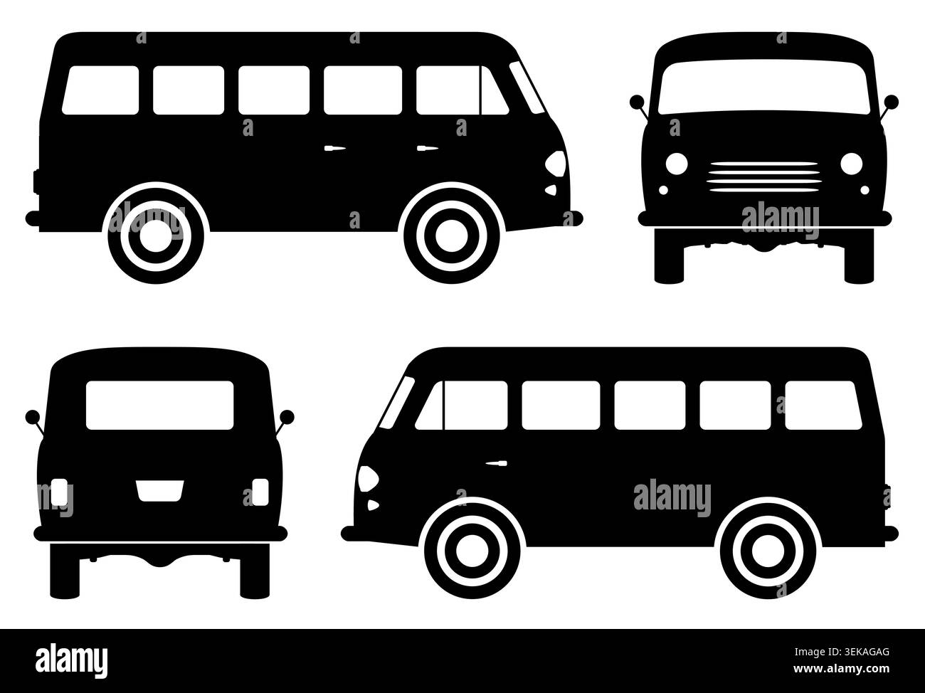 Les perspectives latérales, avant et arrière de silhouette de bus vintage utilisent une technique vectorielle plate. Parfait pour les projets de design rétro Illustration de Vecteur