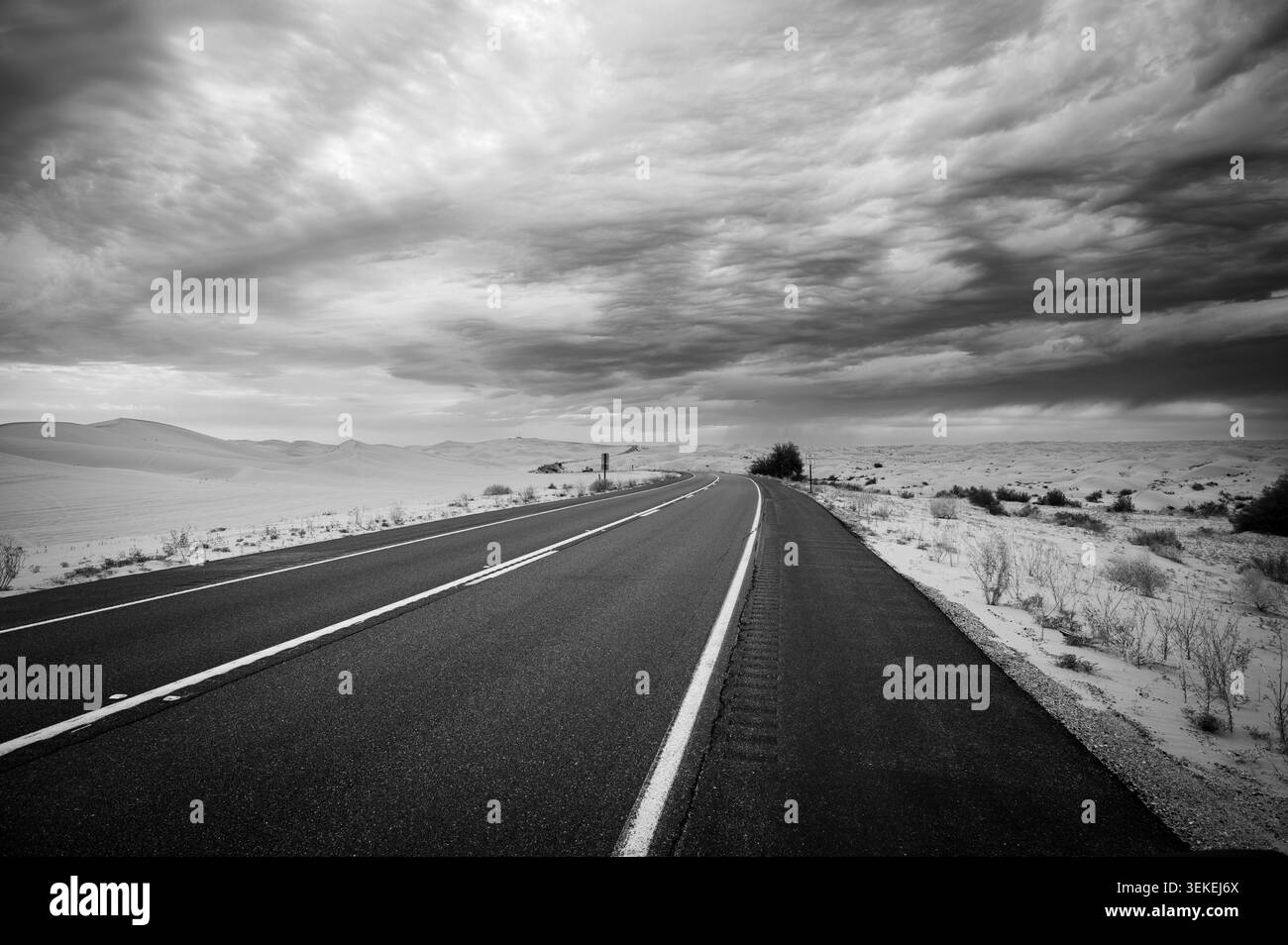 La California Highway 78, la Ben Hulse Highway, serpente à travers les Imperial Sand Dunes, ou Algodones Dunes, dans le sud-est de la Californie. ÉTATS-UNIS. Noir et WHI Banque D'Images