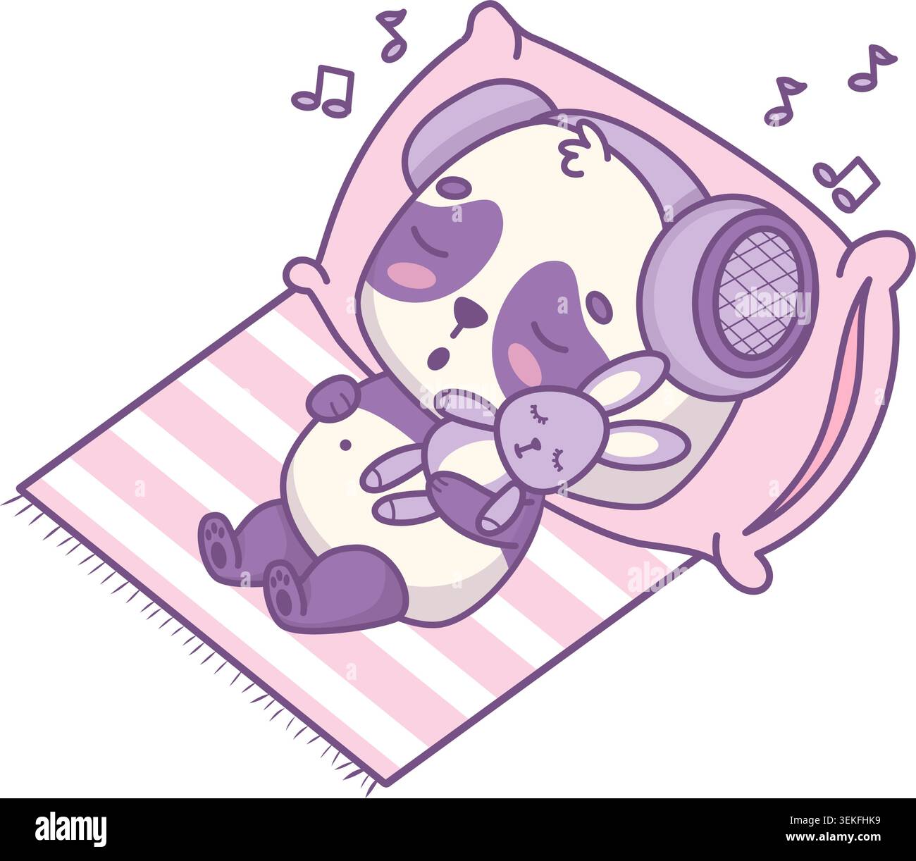 Dormant Panda Bear sur le dos enveloppant peluche lapin jouet dans casque antibruit avec notes de musique. Kawaii Cute Cartoon animal. Illustration vectorielle. S Illustration de Vecteur
