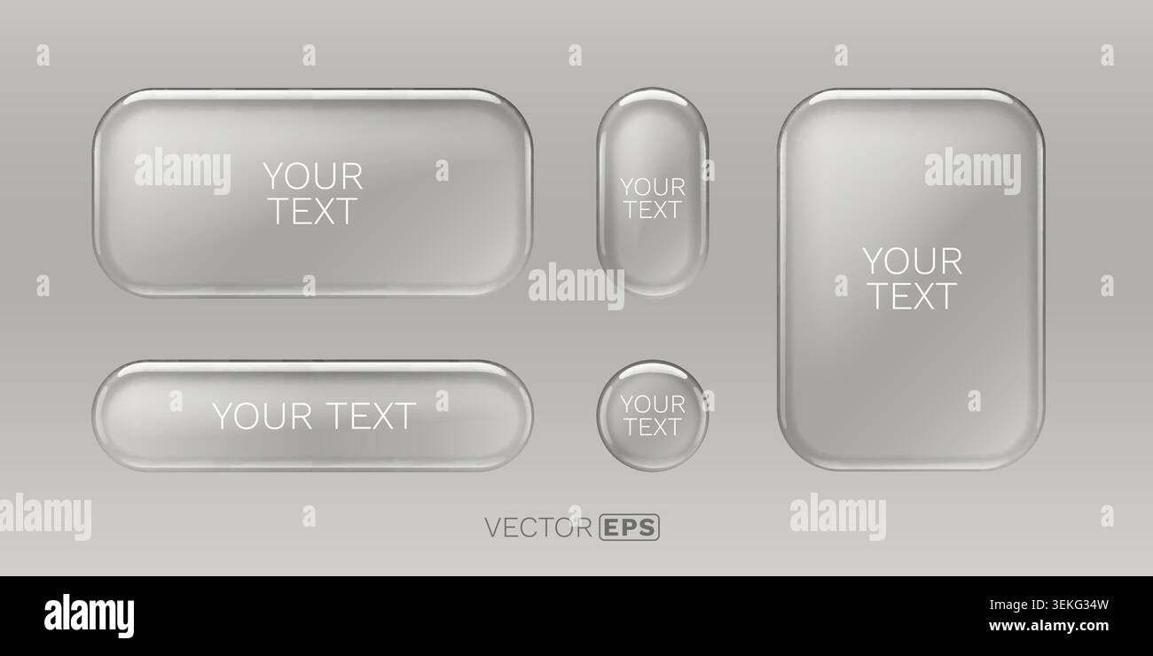 Ensemble de boutons en verre transparent clair pour une interface utilisateur moderne. Vider les éléments Web brillants sur un arrière-plan clair. Illustration vectorielle. Illustration de Vecteur