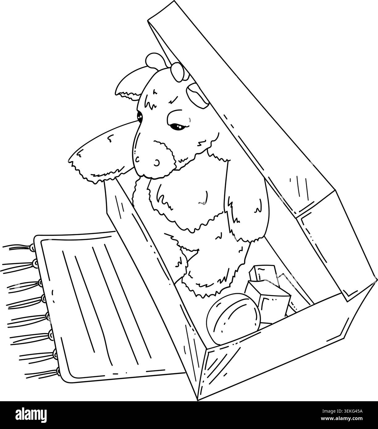 Illustration d'art au trait dessinée à la main d'une boîte à jouets contenant un animal en peluche et des blocs de construction. Illustration de style page de coloriage sur le thème de l'enfance isolé o Illustration de Vecteur