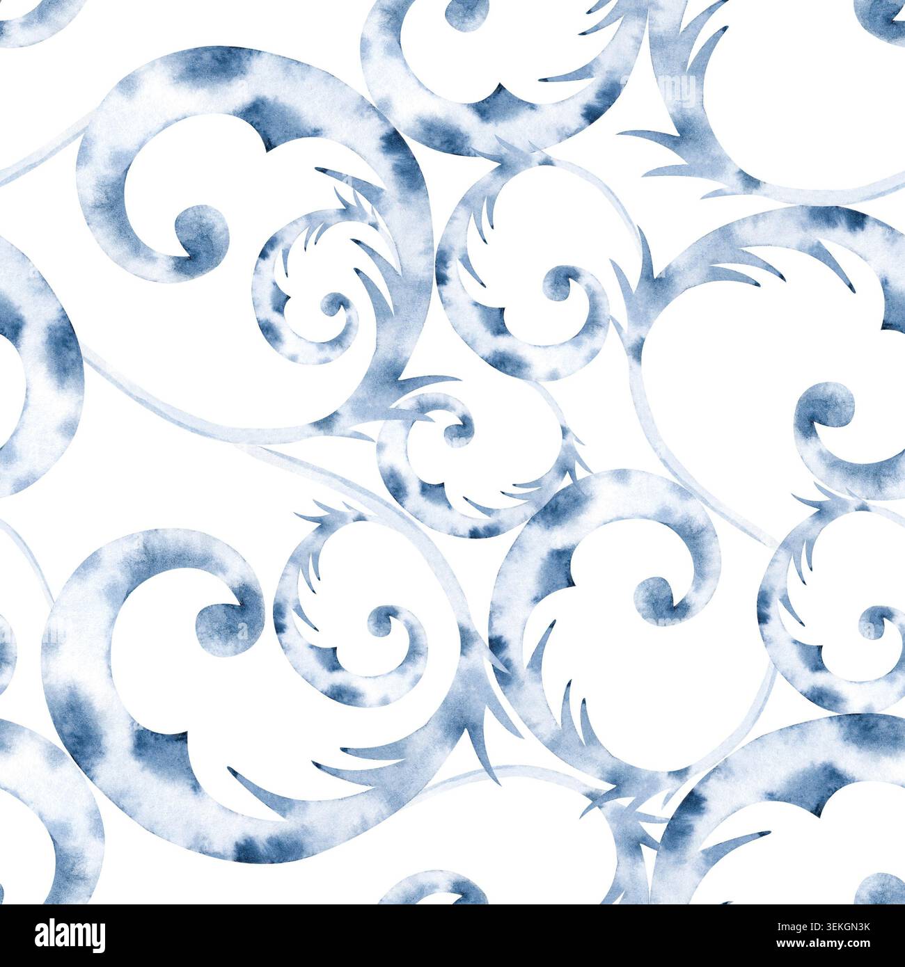 Motif aquarelle sans couture dessiné à la main avec d'élégantes boucles glacées et des tourbillons hivernaux givrés. Design d'ornement glacé de haute qualité isolé sur un blanc Banque D'Images