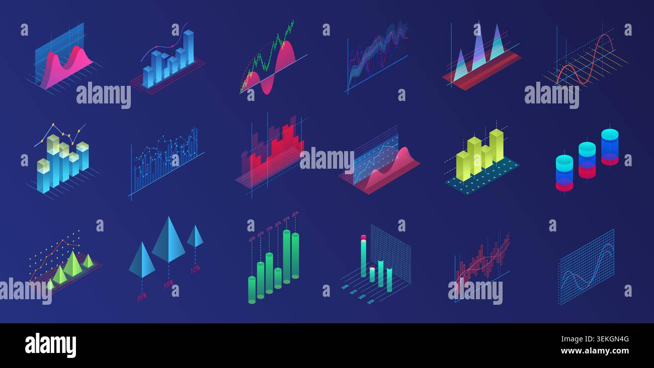 Collection de diagrammes d'affaires isométriques colorés, graphiques, éléments de visualisation de données pour la finance, statistiques, tableau de bord, rapports, analyse de marché isolé sur fond blanc illustration vectorielle Illustration de Vecteur