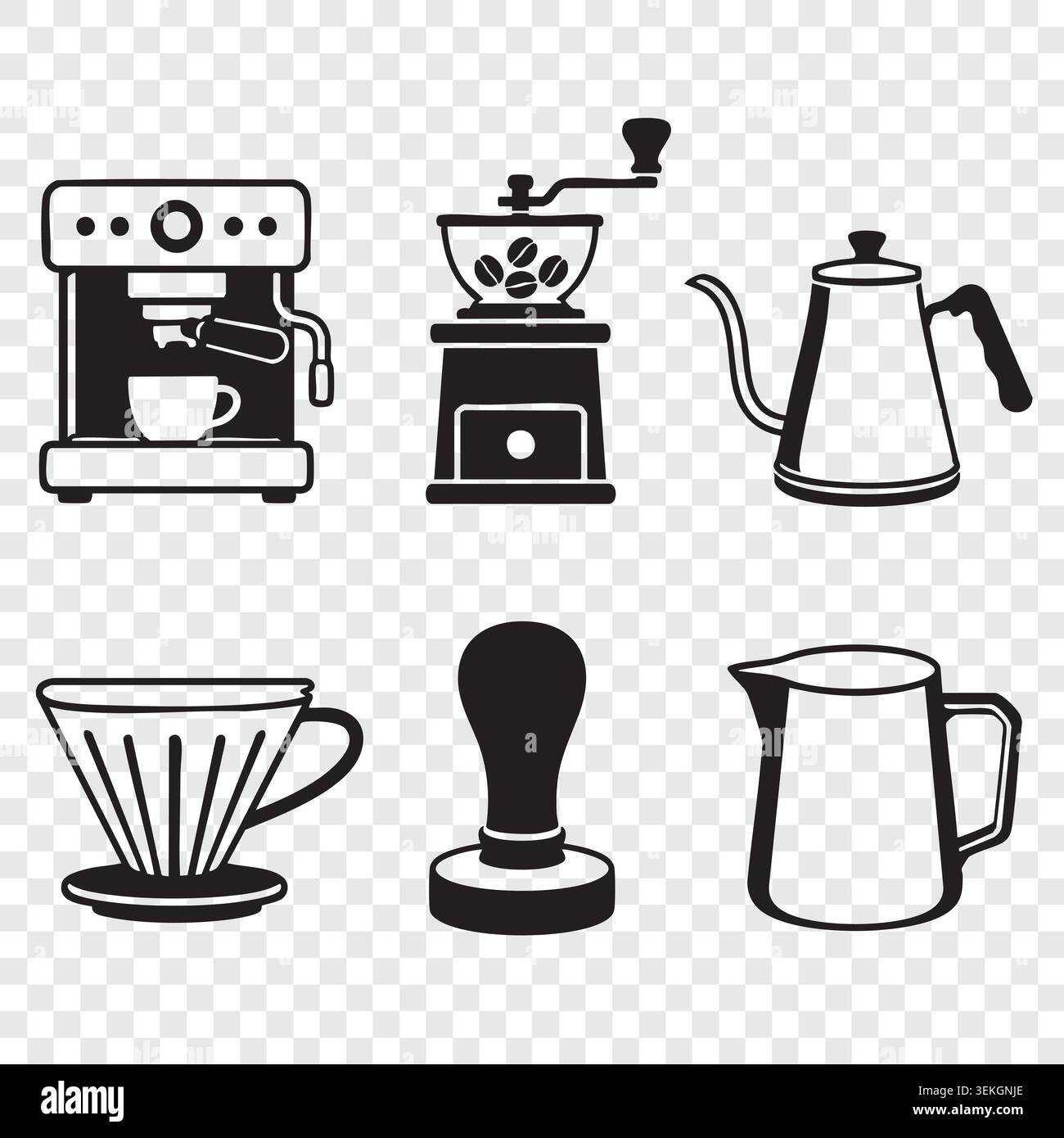 Icônes de machine à café et d'outils de moulin manuel avec pot filtre de bouilloire et tasses Illustration de Vecteur