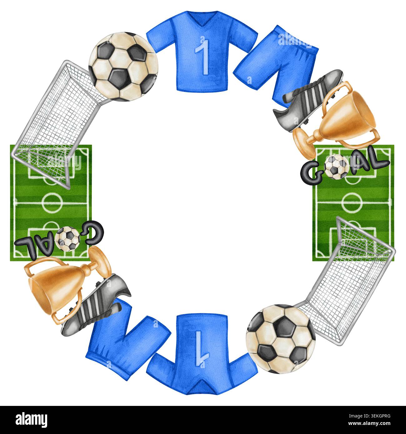 Couronne de collage de football aquarelle avec balle, but, trophée, champ et uniforme. Cadre d'équipement de football divers dessiné à la main pour les invitations sportives, visite Banque D'Images