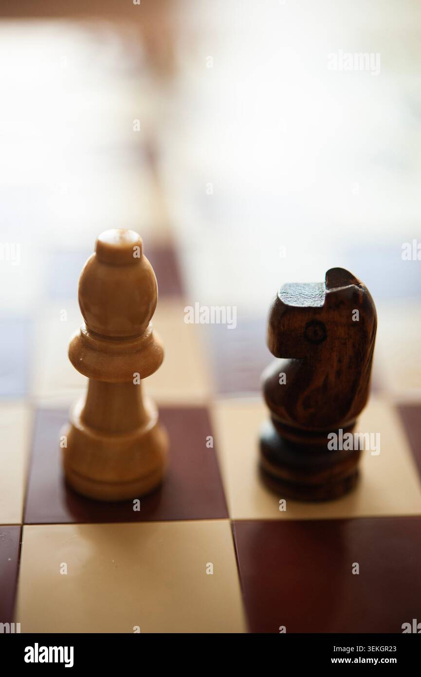 Évêque d'échecs en bois et chevalier sur échiquier, faible profondeur de champ, stratégie et concept de prise de décision Banque D'Images