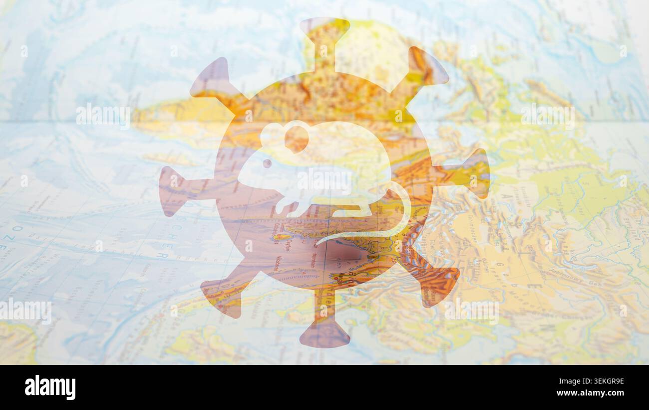 Carte du monde illustrant le virus propagé avec la souris comme porteur symbolisant la transmission du virus de chasseur à travers les continents et le risque d'infection global visualizat Banque D'Images