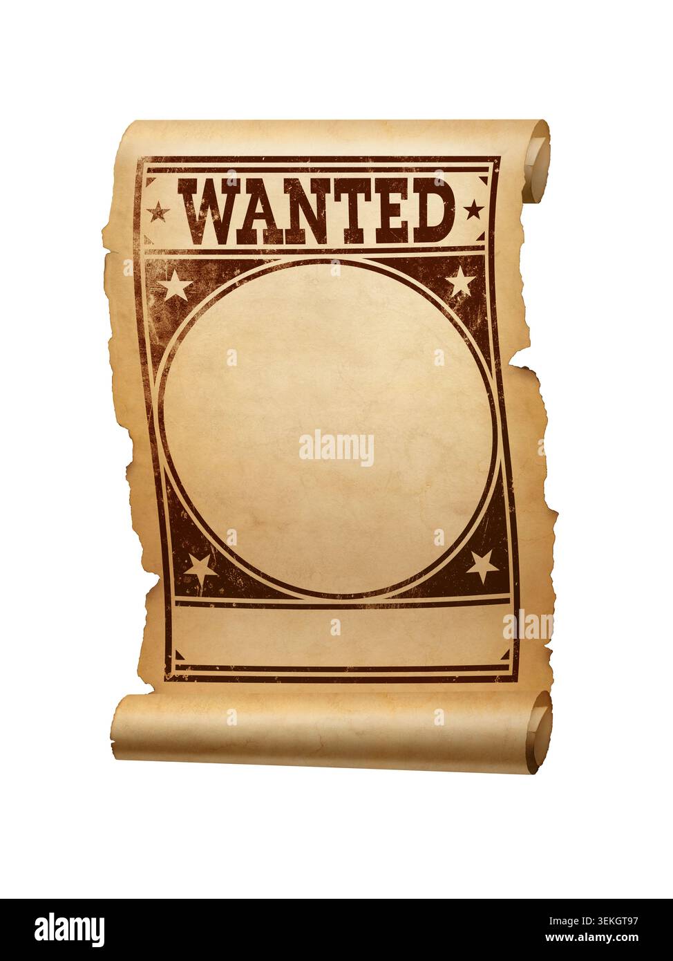 Vintage Wanted affiche parchemin avec bordure occidentale décorative isolé sur fond blanc Banque D'Images