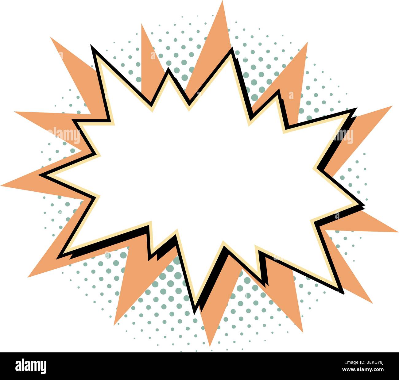 Forme Starburst de cadre de bande dessinée avec centre vide et contour noir gras sur des rayons orange et fond de demi-teinte vert. Rétro pop art vecteur Starburst Illustration de Vecteur