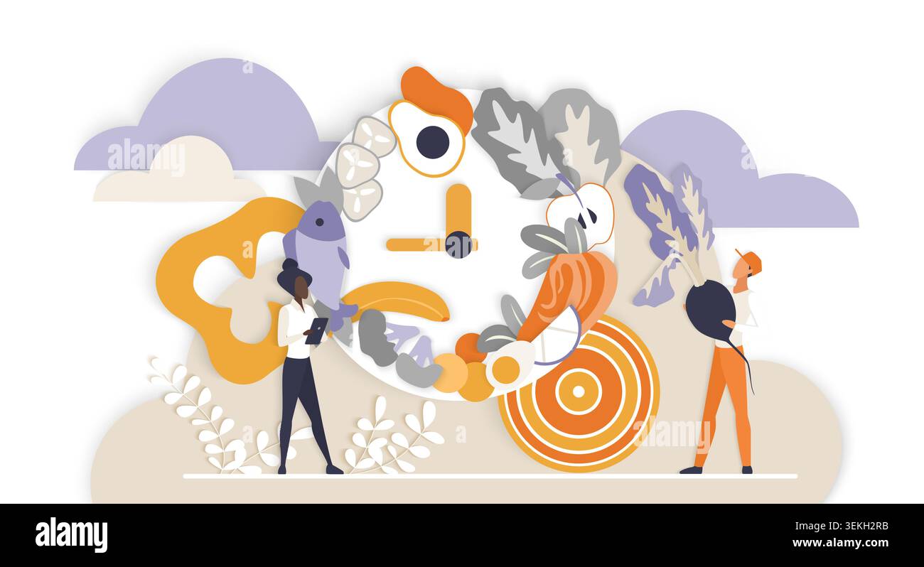 Concept d'alimentation saine avec des aliments disposés comme une horloge, mettant en vedette des poissons, des légumes, des oeufs et des fruits avec de minuscules personnes, isolé sur fond blanc illustration vectorielle Illustration de Vecteur