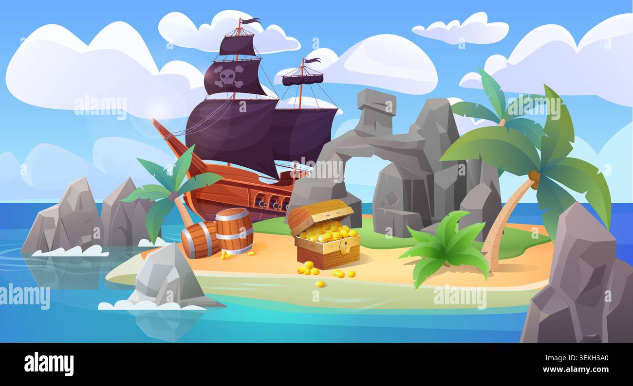 Coffre au trésor de pirate sur une île tropicale avec navire, palmiers, rochers, tonneaux et pièces d'or par le rivage sous les nuages et le ciel bleu dans l'illustration vectorielle colorée Illustration de Vecteur