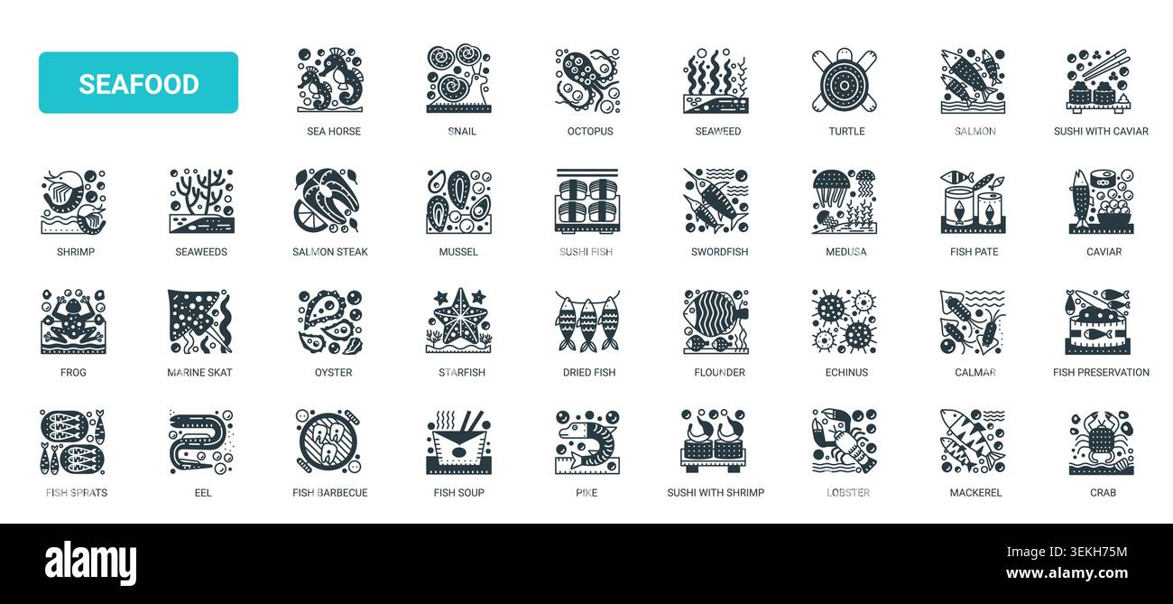 Fruits de mer à thème fruits de mer et symboles de cuisine de poisson pour les menus de restaurant, emballage, étiquettes de marché marque culinaire dans l'illustration vectorielle d'ensemble d'icônes noires solides Illustration de Vecteur