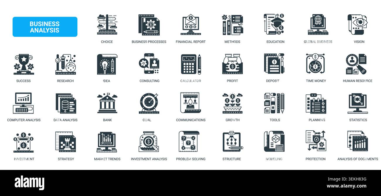 Symboles d'analyse commerciale montrant l'analyse de données, les rapports financiers, la planification de la stratégie, le suivi de la croissance et l'étude de marché pour les flux de travail de décision d'entreprise icônes noires solides illustration vectorielle Illustration de Vecteur