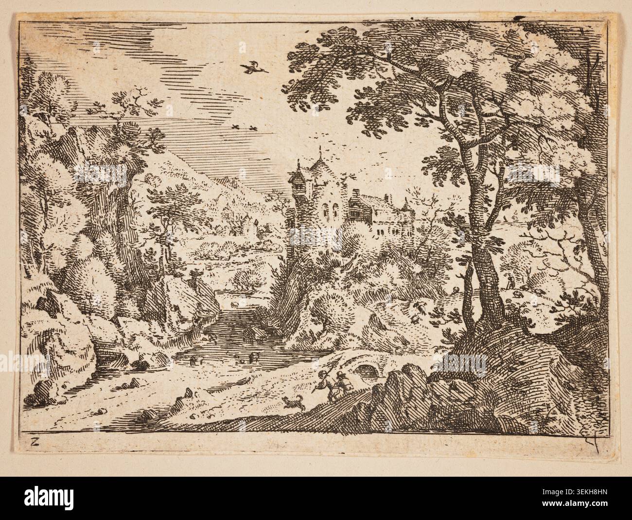 Ruisseau entre Rocky Hillside et Castle par Jacob Savery, I, c. 1595, représentant un paysage pastoral avec un château fortifié niché au milieu d'une forêt dense et d'un terrain rocheux, un ruisseau sinueux au premier plan, et de petites figures traversant le paysage naturel Banque D'Images