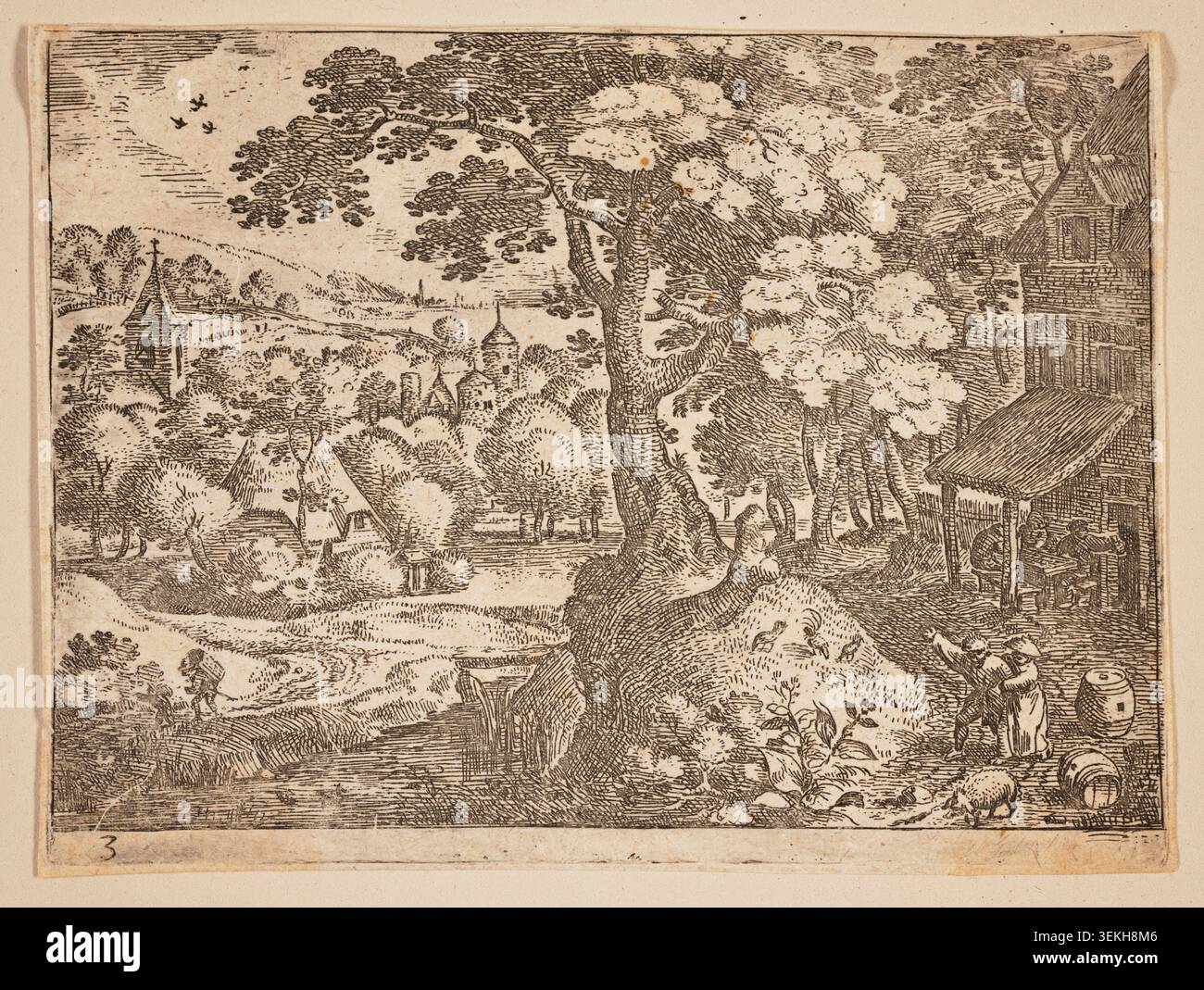 Taverne à droite d'un chemin, de paysages de Jacob Savery, I, c. 1595, représentant une scène de village avec un bâtiment de taverne à pans de bois, des voyageurs et un paysage pastoral avec des flèches d'église lointaines Banque D'Images