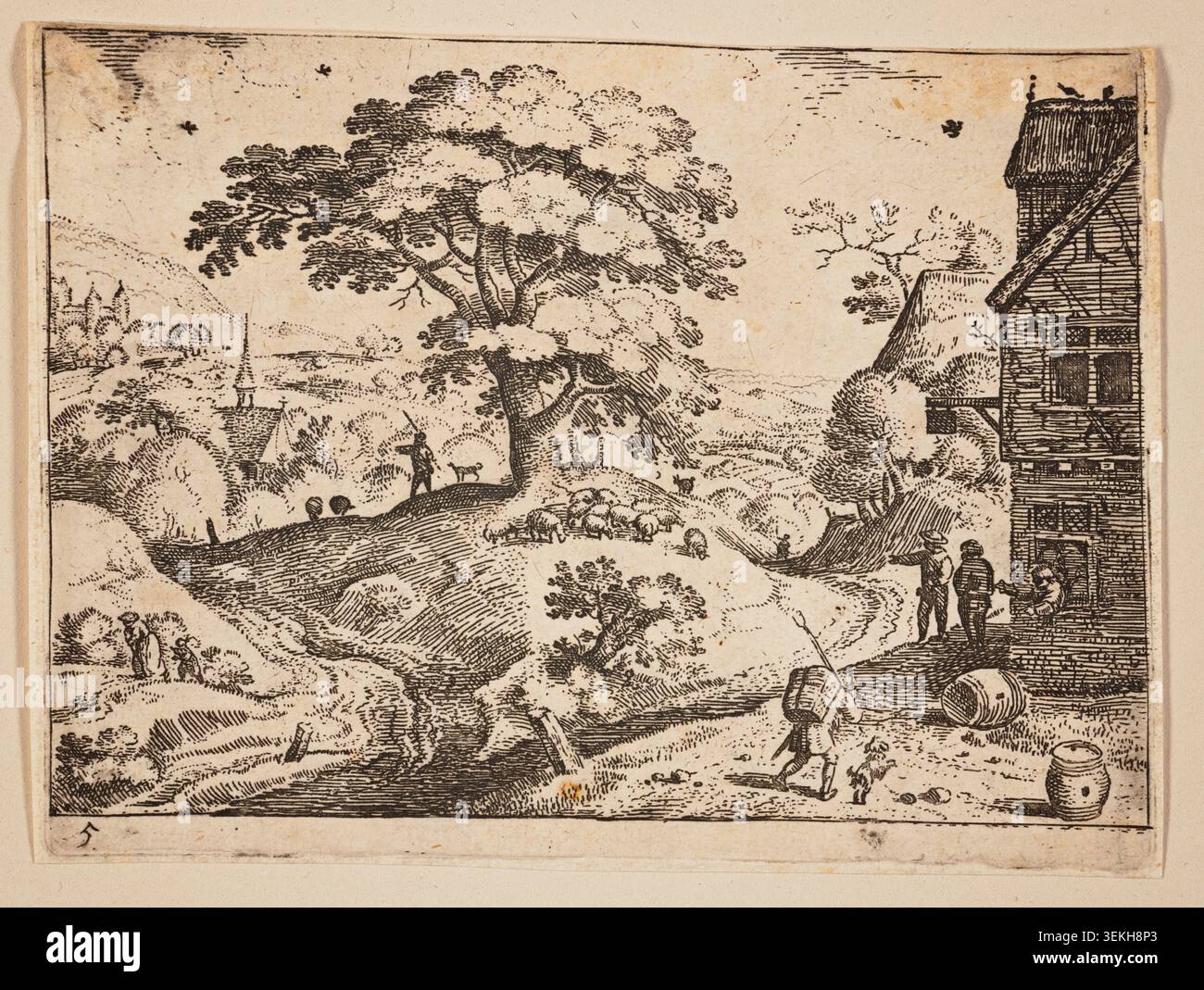 Inn to Right of Road Before Village par Jacob Savery I, c. 1595, représentant une auberge fortifiée et une tour à côté d'un chemin rural, avec des voyageurs et des ouvriers dans un paysage spacieux parsemé d'arbres et de colonies lointaines Banque D'Images