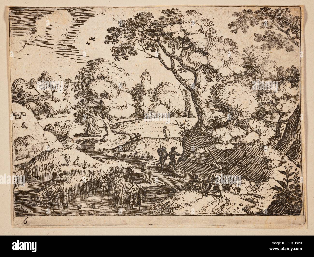 Sentier entre marais et rive boisée par Jacob Savery, I, c. 1595, représentant un paysage pastoral avec des figures marchant près de l'eau, entouré d'arbres denses et de végétation Banque D'Images