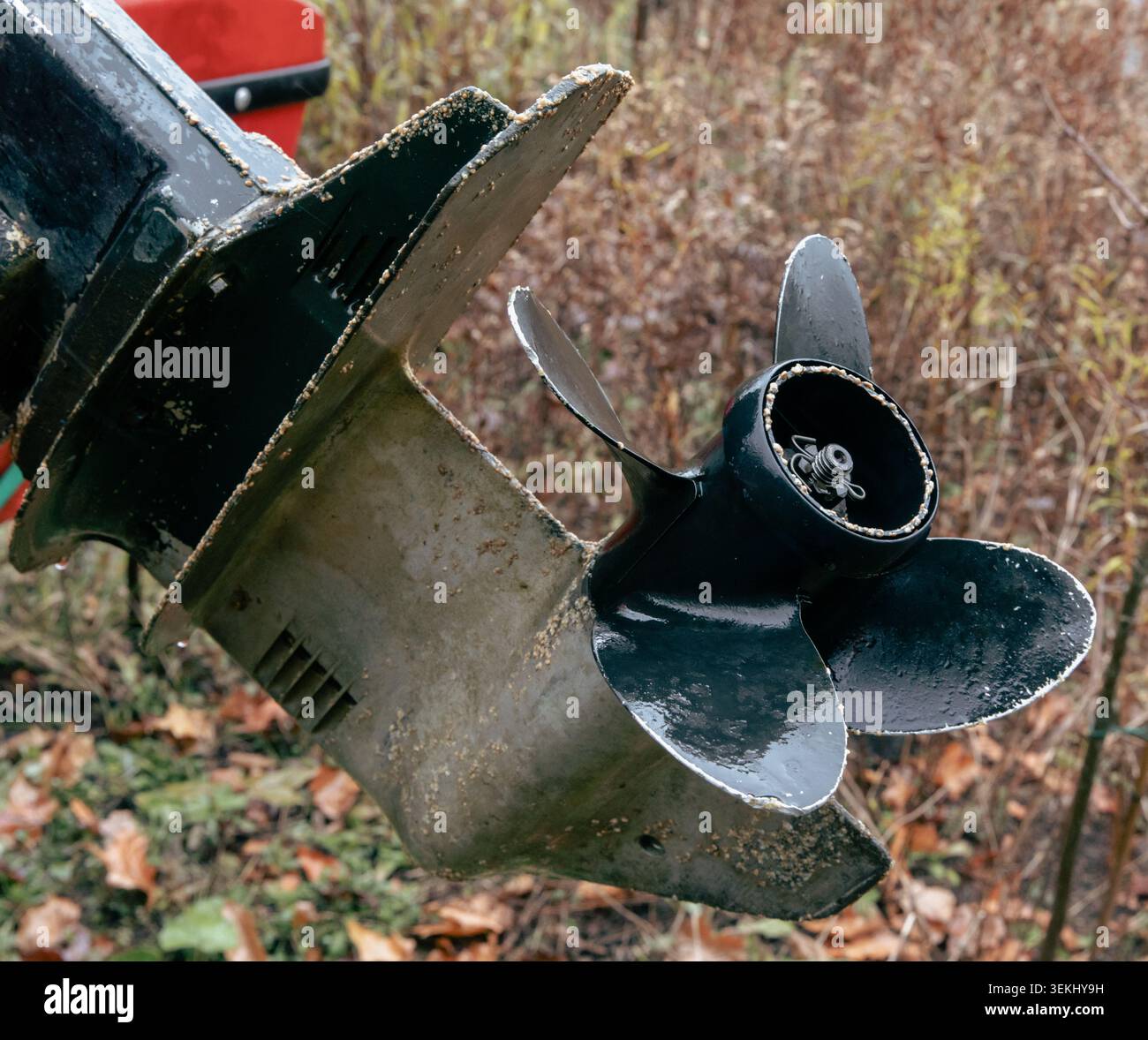 Vue de l'hélice depuis un moteur de bateau en automne avec quatre ailes Banque D'Images