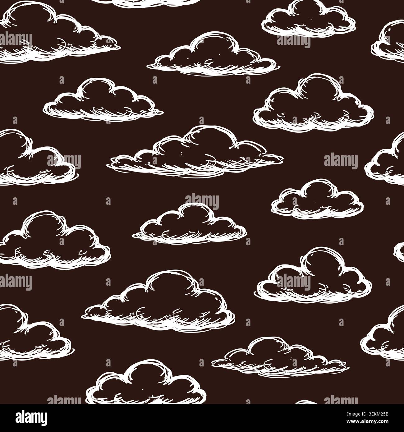 Les nuages dessinés à la main dans un motif répété jeté sur un fond marron créent un design fantaisiste parfait pour les impressions textiles, le papier d'emballage, et Illustration de Vecteur