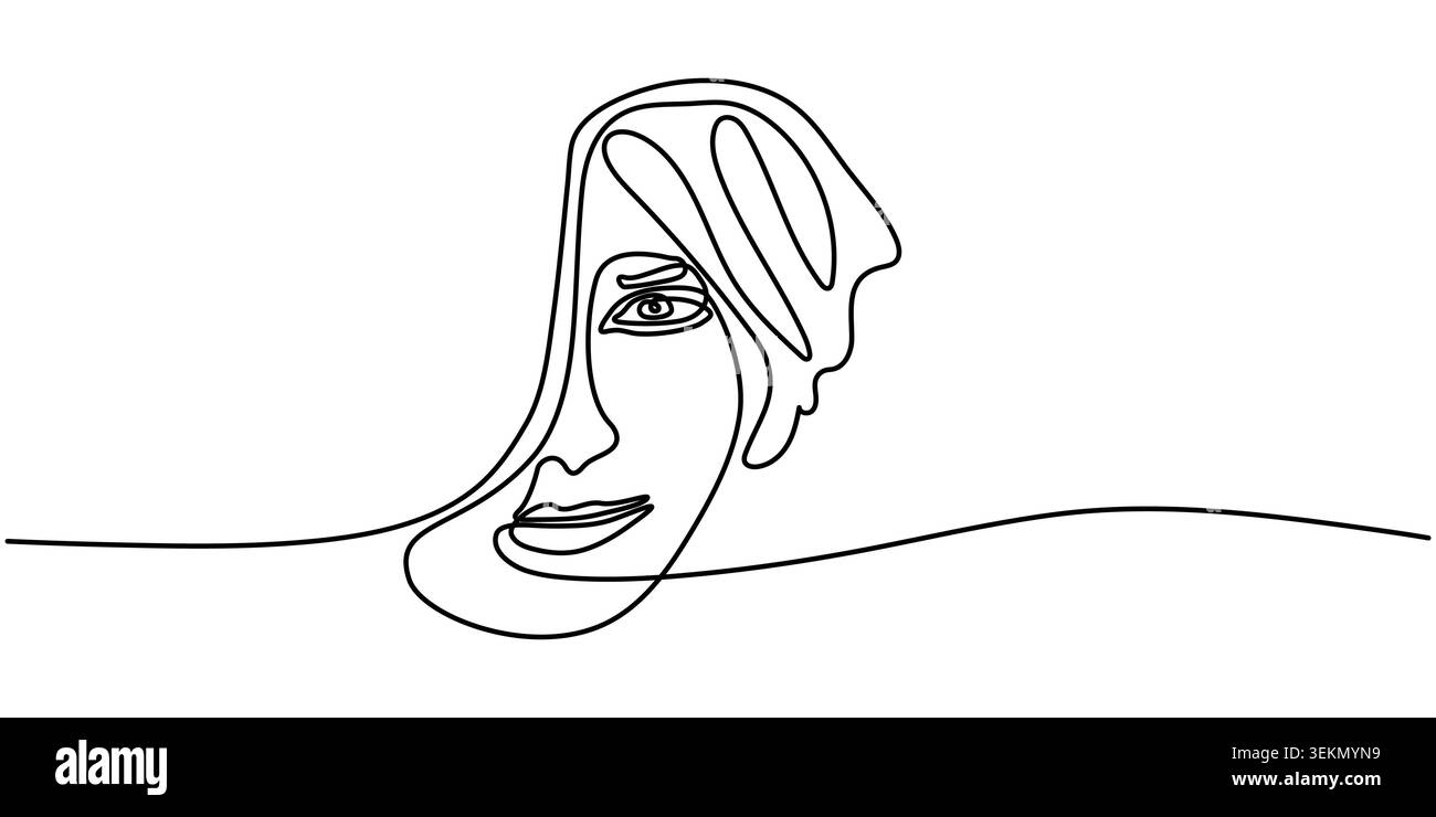 Dessin minimaliste en ligne continue du visage d'une femme et illustration élégante des cheveux Illustration de Vecteur